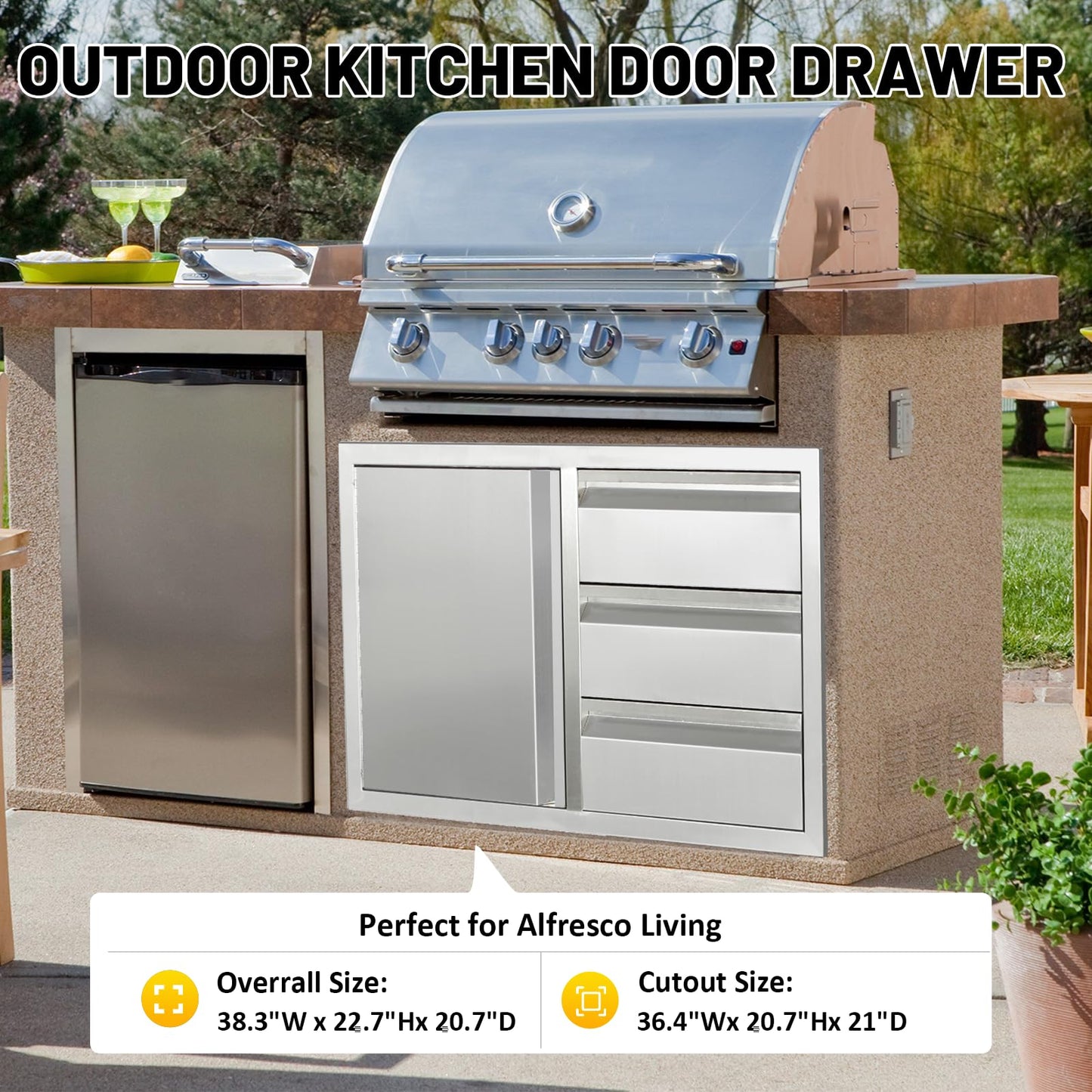 SGOLAN Outdoor Kitchen Door Drawer Combo Cabinet 38.1W x 22.6H x 20.8D BBQ Access Door&Triple Drawers Combo, Stainless Steel Handles for Outdoor Kitchen Island