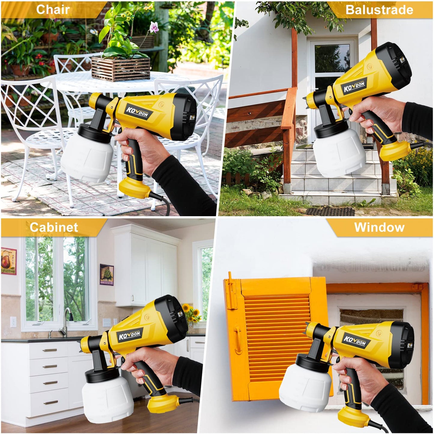 KOVDON Paint Sprayer, 700W HVLP Spray Gun, 6 Copper Nozzles & 3 Spray Patterns, Easy to Clean, Ideal Spray Gun for Furniture, Cabinets, Fences, Decks, Walls, DIY Projects, etc. KD27 Yellow