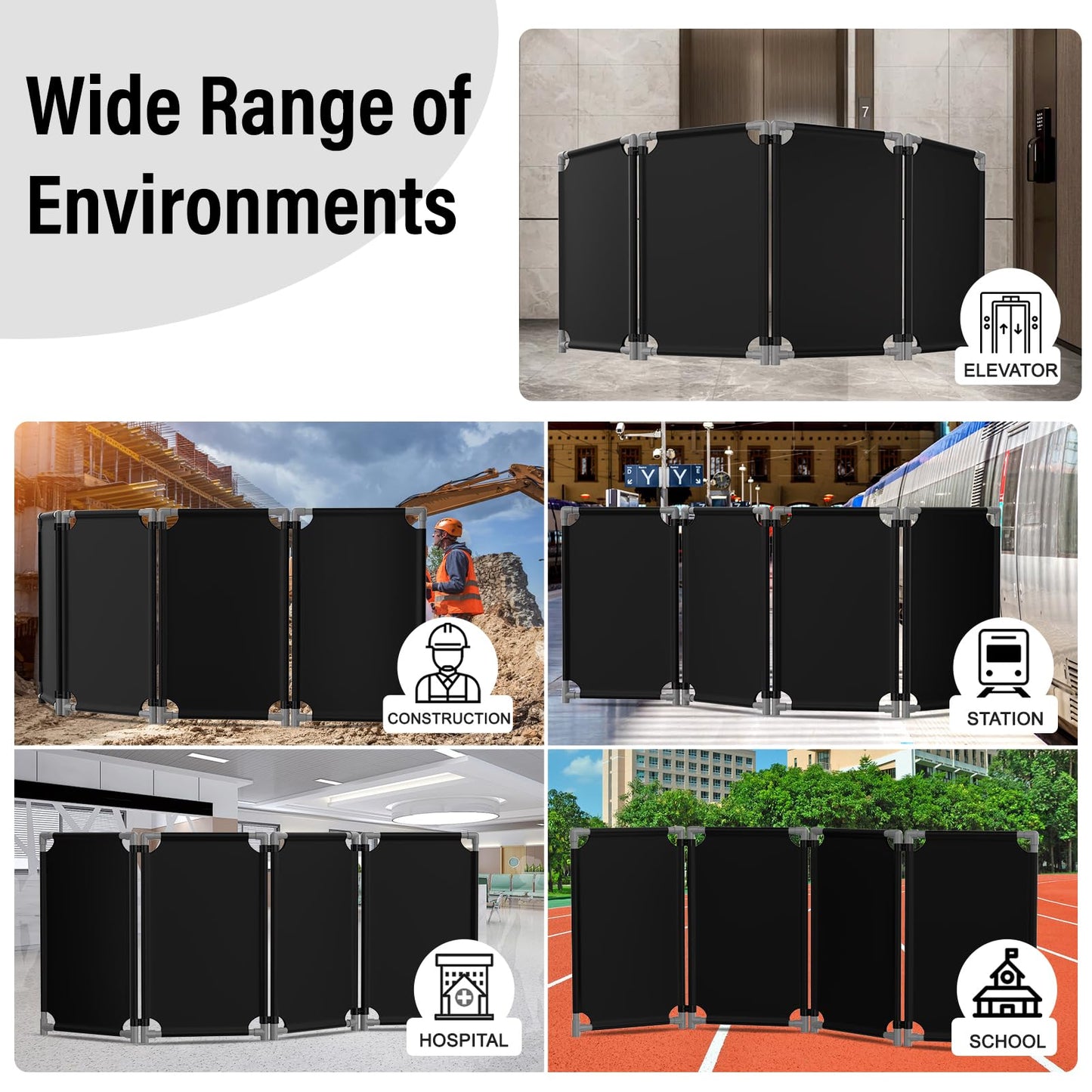 4 Panels Safety Barricade,7.8FT Removable Foldable Security Gates Barrier with Heavy Duty PVC Frame, Black Color Easier to Identify, Crowd Control Restricted Area Pedestrian Barricade Traffic Fence