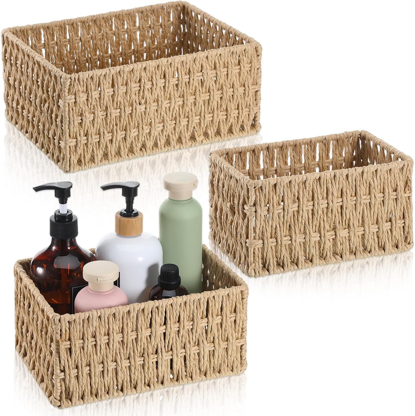 Skiennix Wicker Baskets - Hand-Woven Organizing Baskets for Bathroom | 3 Pack Toilet Paper Storage