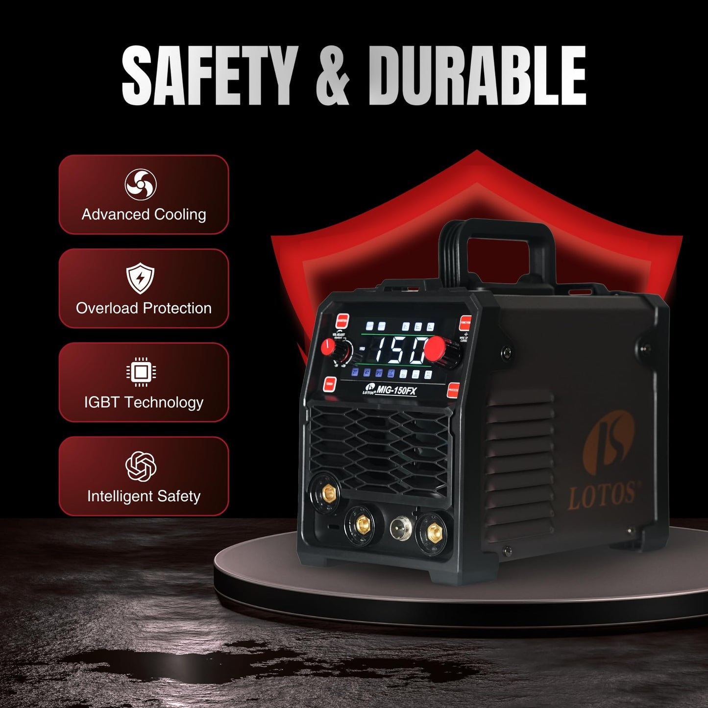 LOTOS OPTIMA 150A MIG Welder, 3-in-1 Synergic MIG Flux Core/MMA/TIG Welding Machine, 120V Portable IGBT Inverter with Large LED Display, 2T/4T/Spot Modes, Wire Feed 0.030"/0.035"