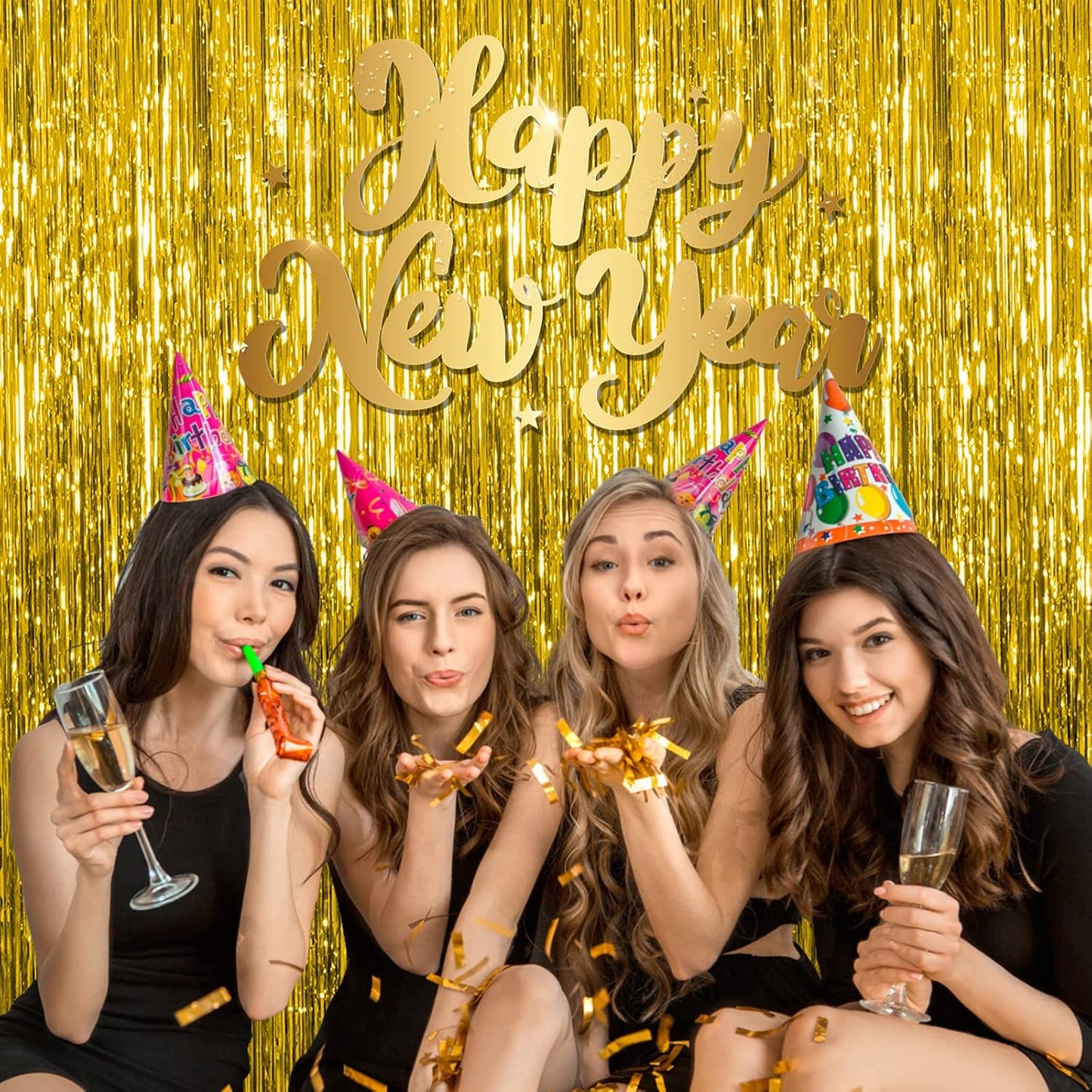 Skiennix Gold Fringe Curtain Backdrop - 5 Pack Tinsel Streamers for Parties & Events | Perfect for Birthdays, Christmas, & Graduations