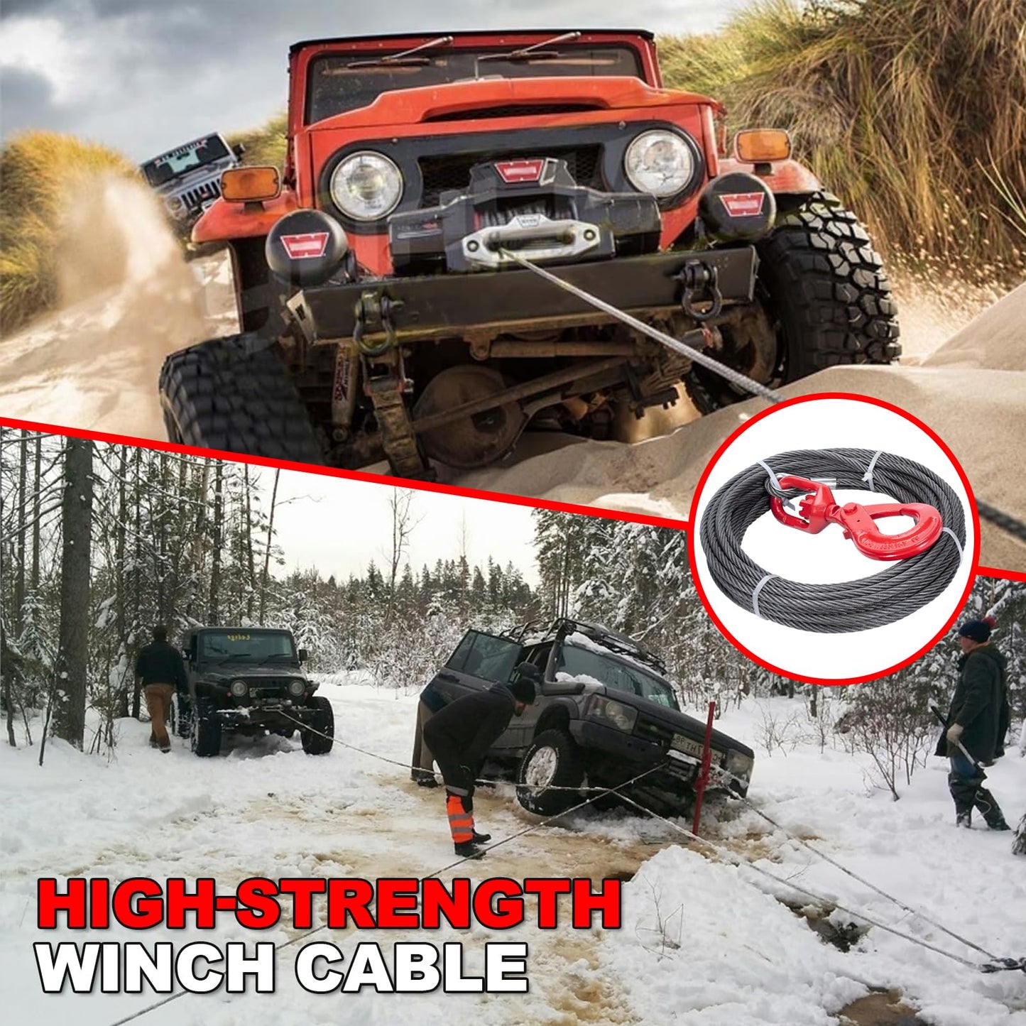 SajoSolid Winch Rope with Safty Hook, 1/2 Inch x 75 Feet Heavy-Duty Tow Cables with Hooks, 6×25 Stranded Steel Core Winch Cable, 24,000 lbs Breaking Strength for Trailers and Cranes