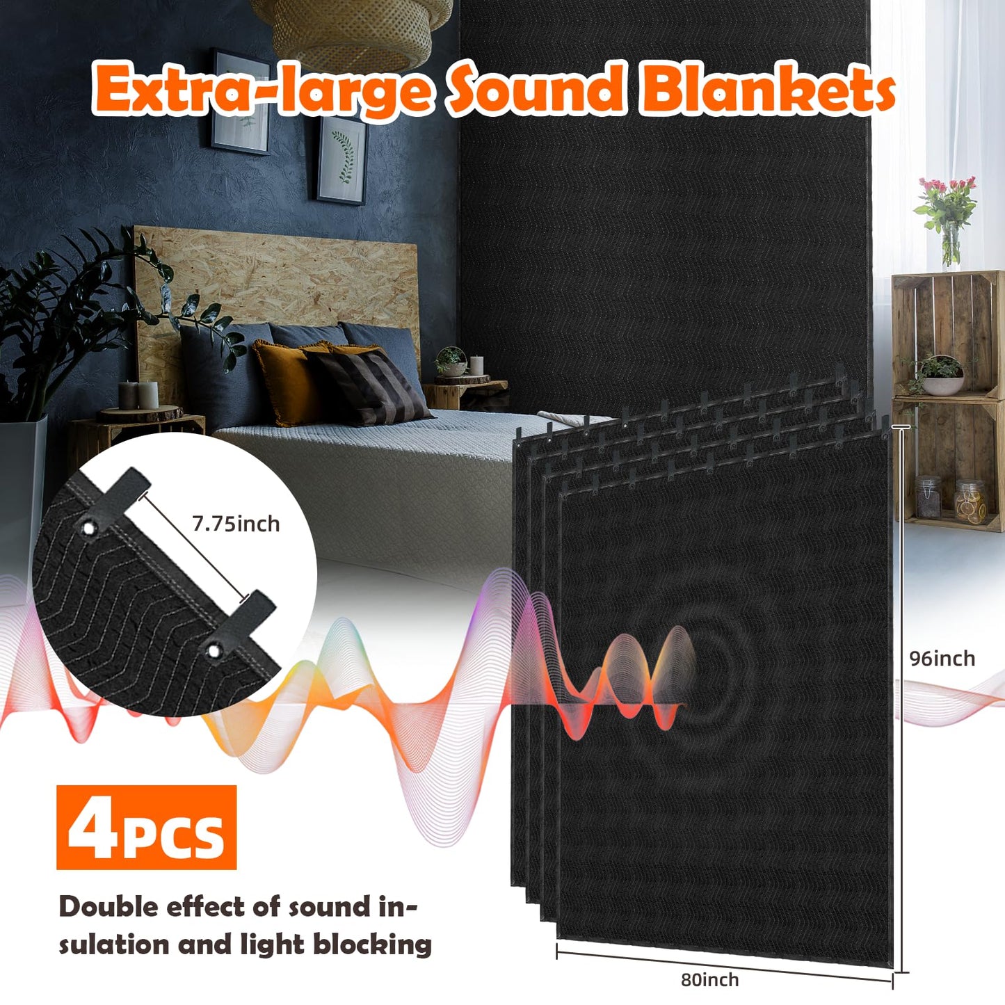 Soundproof Blanket for Door 96" x 80", 4 PCS Heavy Duty Sound Dampening Curtains, Noise Cancelling Studio Acoustic Blanket, Light Blocker, Moving with Grommets for Home, Window, Furniture, Black