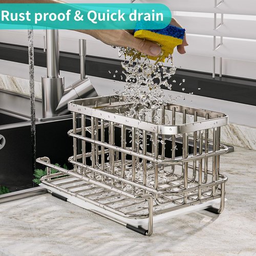 HapiRm Kitchen Sink Organizer - Rustproof SUS304 Stainless Steel Caddy with Sponge Holder | Large Silver Design