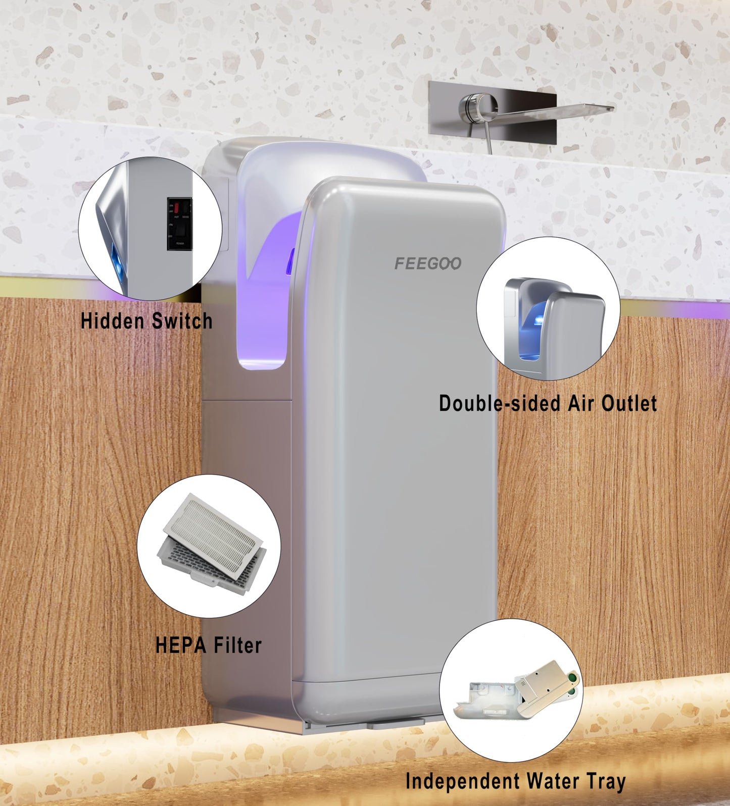 FEEGOO Commercial Vertical Hand Dryer – High-Speed Drying with HEPA Filtration & Stable Operation for Offices, Restrooms & High-Traffic Facilities,Silver