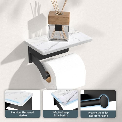 FORIOUS Toilet Paper Holder - Natural Marble Wall Mount with Phone Shelf | 304 Stainless Steel, Matte Black