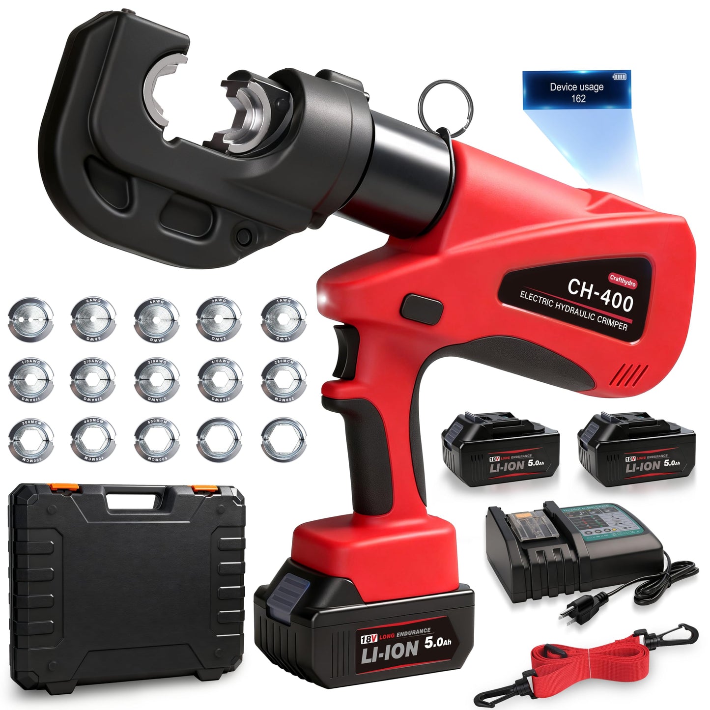 Cordless Hydraulic Crimping Tool - 15Molds(12AWG to 750MCM) 12Tons Battery Electric Lug Crimpers for Cu/Al Terminals, Continuous Wire Crimper Pliers