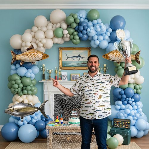Gone Fishing Balloon Garland Arch Kit - Blue Green White FishermanTheme Birthday Balloons with Giant Fish Foil Balloons - O-Fish-ally One, Under the Sea Baby Shower, Retirement Party Decorations