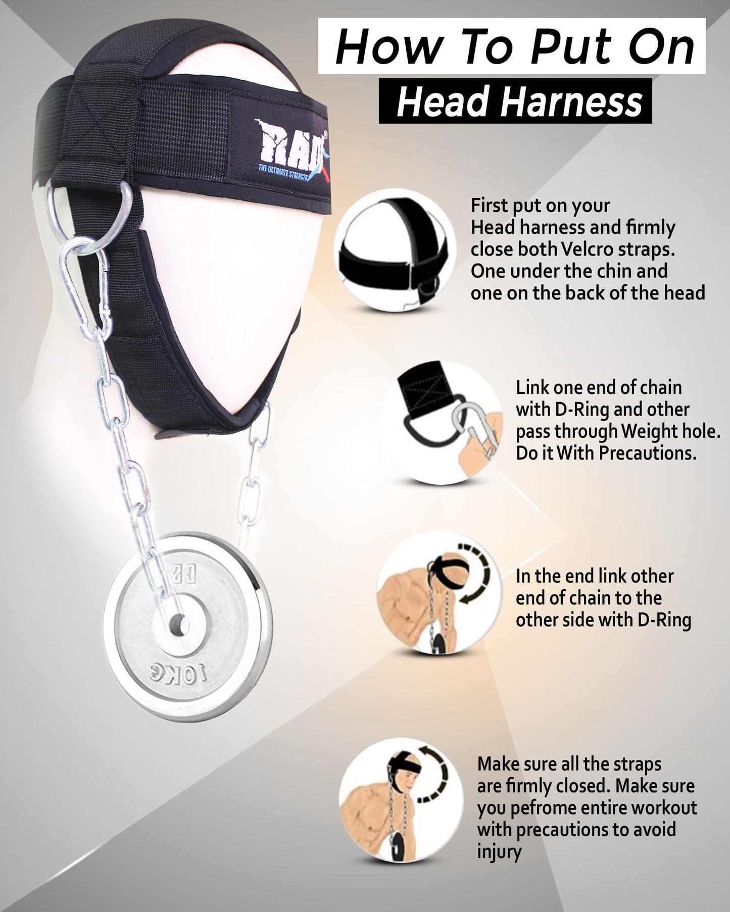 RAD Neck Trainer Adjustable Steel Chain Strength Weight Lifting Harness for Training Head Strenghtener Exerciser Neck Workout Strap Black Belt for Exercise