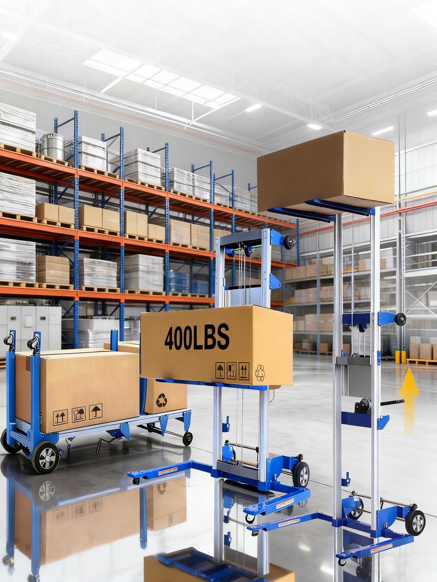 ELOMBR 122" Material Lift Winch Stacker, 400 lbs Capacity Manual Material Lifts, Adjustable Straddle Material Lifter, Hand Winch Lift Trucks for Warehouse, Factory, Lightweight, 42.90" L x 43.30" W