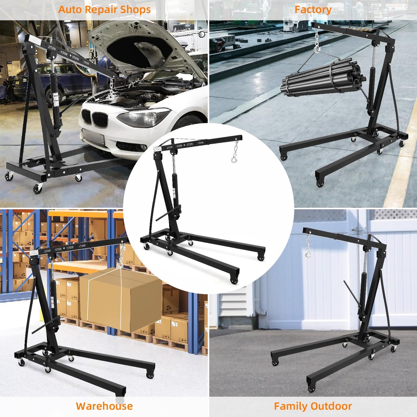 Garvee 2 Ton Engine Hoist, Hydraulic Cherry Picker Engine Crane, Heavy Duty Folding Shop Crane with 6 Casters, Engine Lift for Garage, Workshop, Black