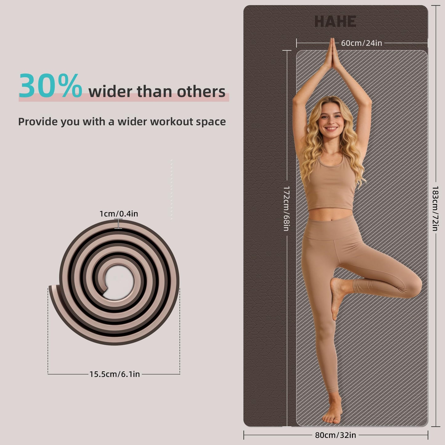 HAHE Extra Thick Yoga Mat, 72"Lx32"Wx0.4"Th (10mm), Wide Non-slip Exercise Mats with Carry Strap, Double-Sided POE Fitness Mat for Yoga, Pilates & Floor Workouts (Dark Brown+Beige)
