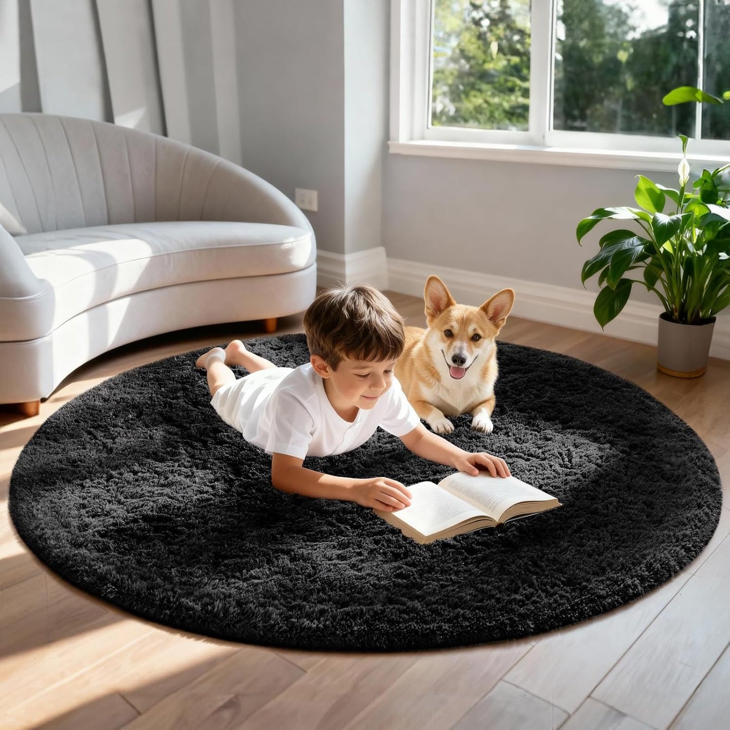 Ophanie Round Rug - 5Ft Black Circle Area Rug | Plush Soft Shaggy Carpet for Bedroom & Nursery Decor