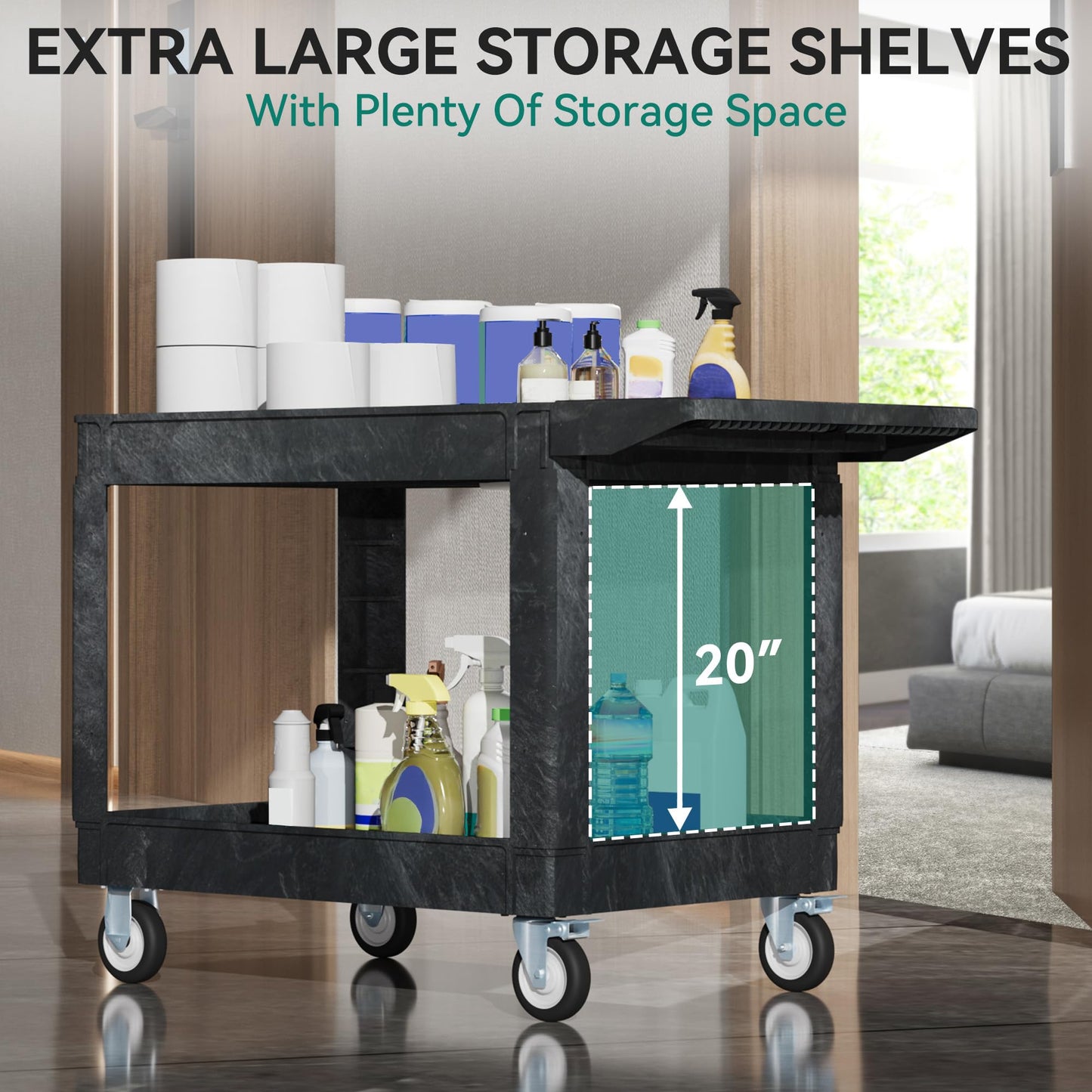 YITAHOME 2 Tier Heavy Duty Plastic Utility Cart 45 x 25 Inch, Rolling Work Cart w/Deep Shelves & 360° Swivel Wheels(2 Brake), Plastic Tool Cart Suitable for Warehouse, Garage, Office, Cleaning, Black