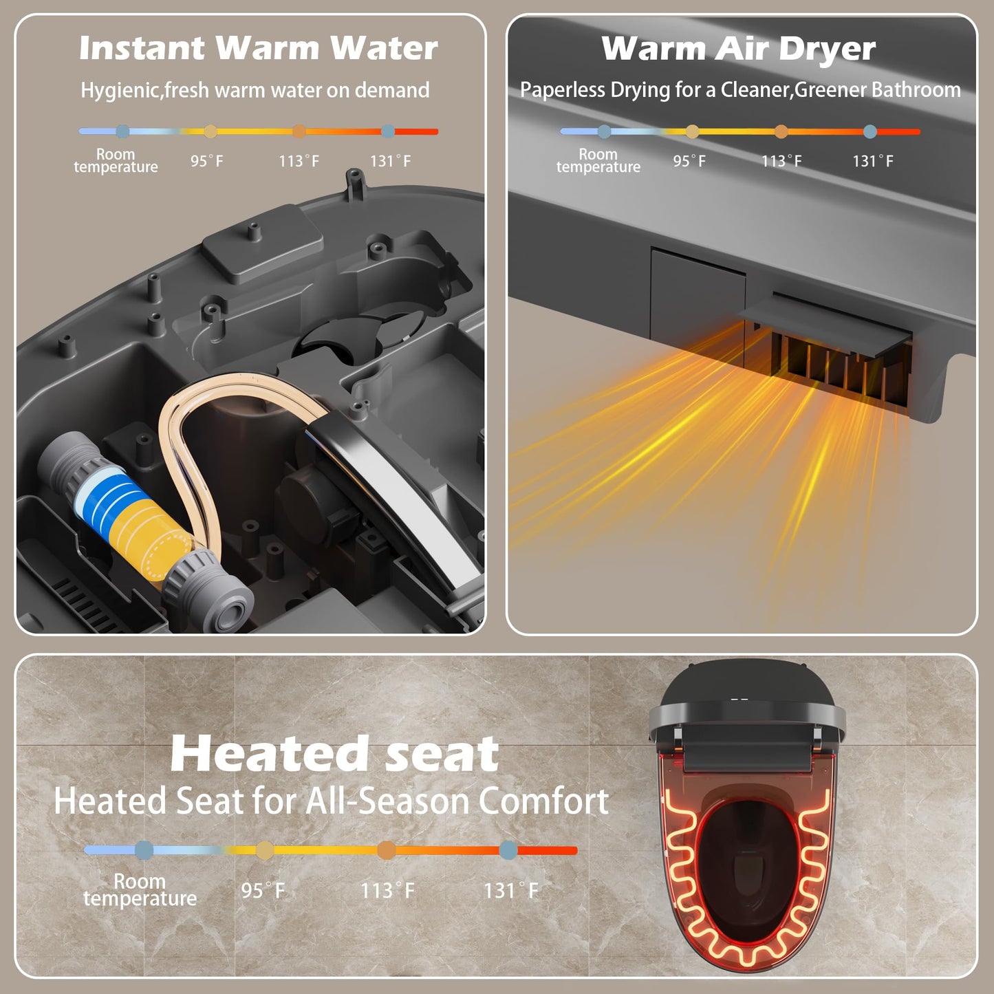 WinZo Smart Toilet with Bidet Built in, ADA One-Piece Toilet Auto Open/Close & Flush, Heated Seat, Front & Rear Wash, LED Display, Night Light, 12-inch Rough-in (Matte Grey)