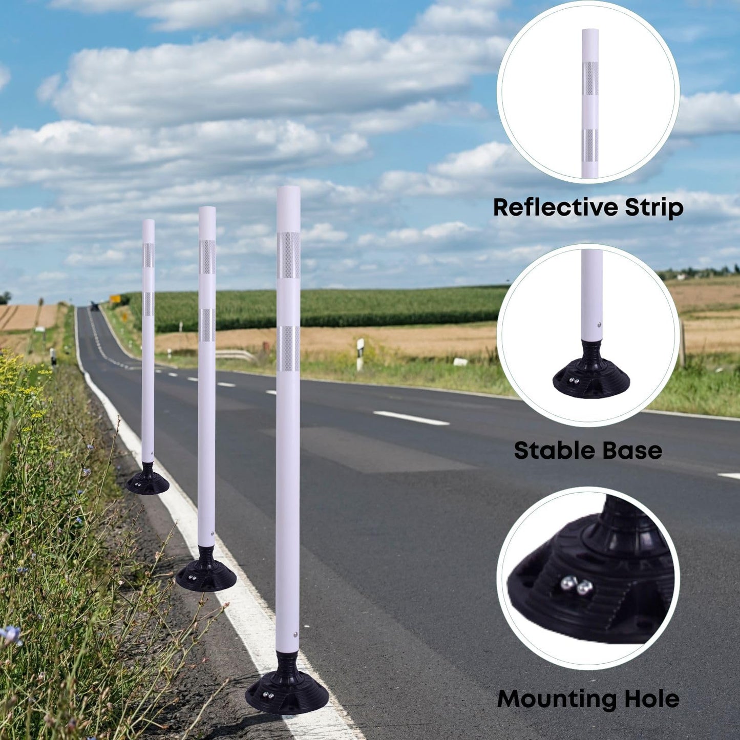 8 Pack Traffic Delineator Posts – High Visibility Reflective Safety Cones with Spring Base for Roadway, Parking, Garage, Construction Zones (White, 48 Inch)