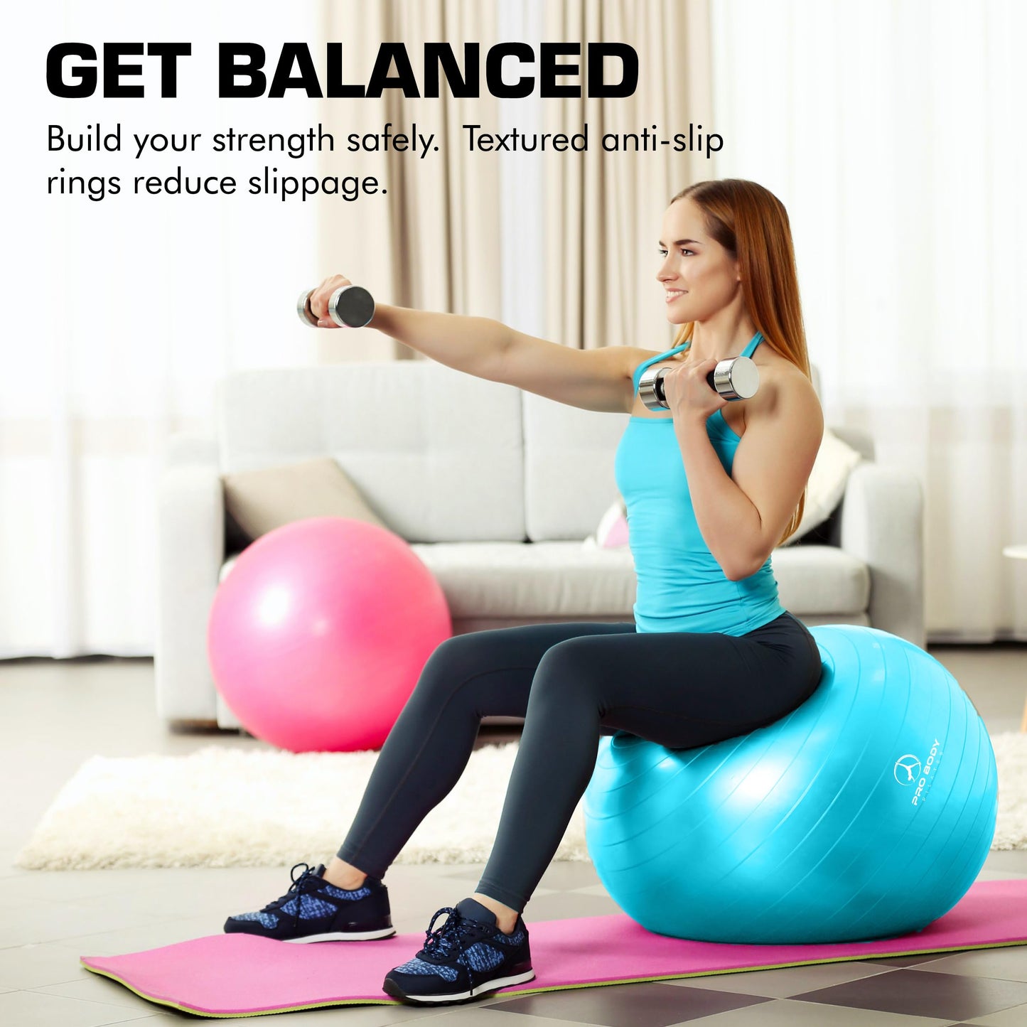 ProBody Pilates Yoga Ball - Fresh Colors Exercise Ball for Stability, Pregnancy, Workout, Physical Therapy & Birthing, Balance Ball Chair (Sky, 65 cm)