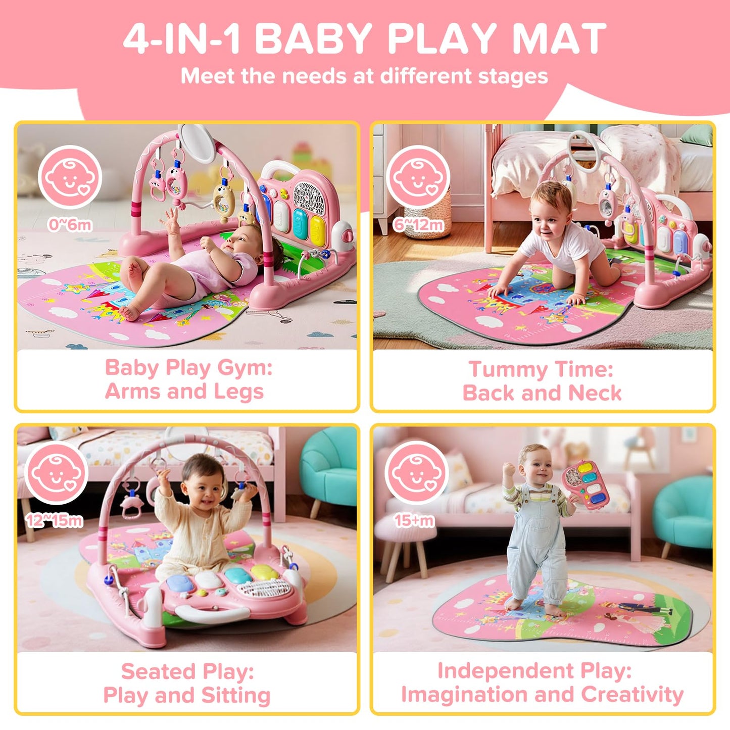 Baby Play Mat Kick and Play Piano Gym，Baby Floor Play Gym Tummy Time Mat，Baby Activity Mat with Music Lightsat and Sensory Toys Boy & Girl Gifts for Infant Newborn 0 to 3 6 9 12 Months (Pink)