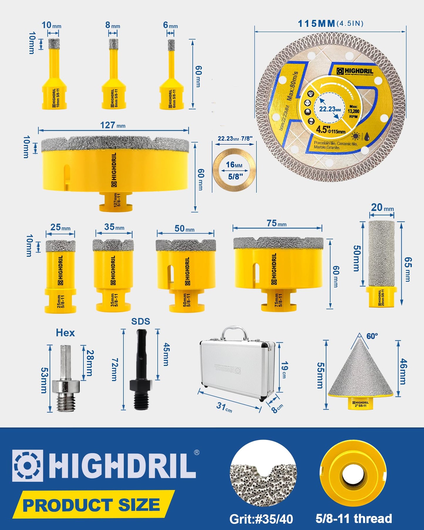 HIGHDRIL 13Pcs Diamond Hole Saw Kit - 1/4", 5/16", 3/8", 1", 1-3/8", 2", 3", 5" Drill Bits with 2" Chamfer Bit, 4/5" Finger Bit, Adapters for Tile Porcelain Ceramic Granite Marble Stone