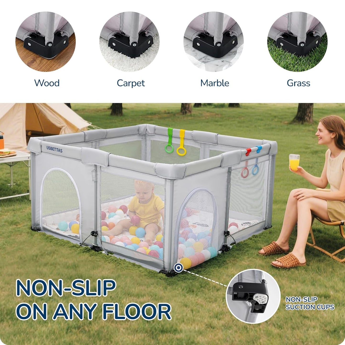 Skiennix Foldable Baby Playpen - Lightweight Portable Design with 1-Minute Setup | 50"x50" Light Gray Indoor/Outdoor Safety Yard