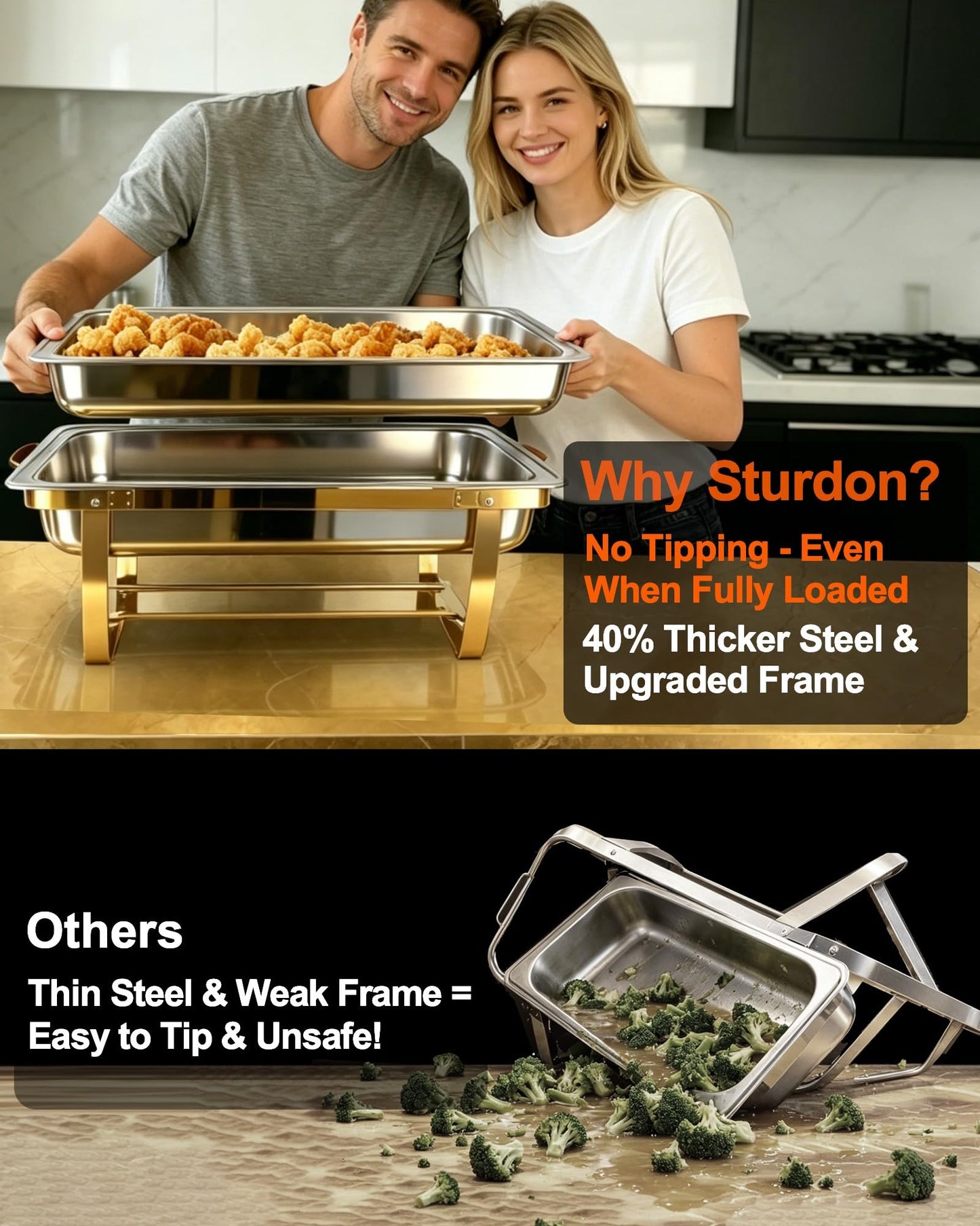 Chafing Dishes for Buffet, 4 Pack 9 QT Rectangular Stainless Steel Catering Chafer with Lids, Buffet Servers and Warmers, Food Warmers for Parties Buffet, Home, Wedding, Christmas Gatherings, (Golden)