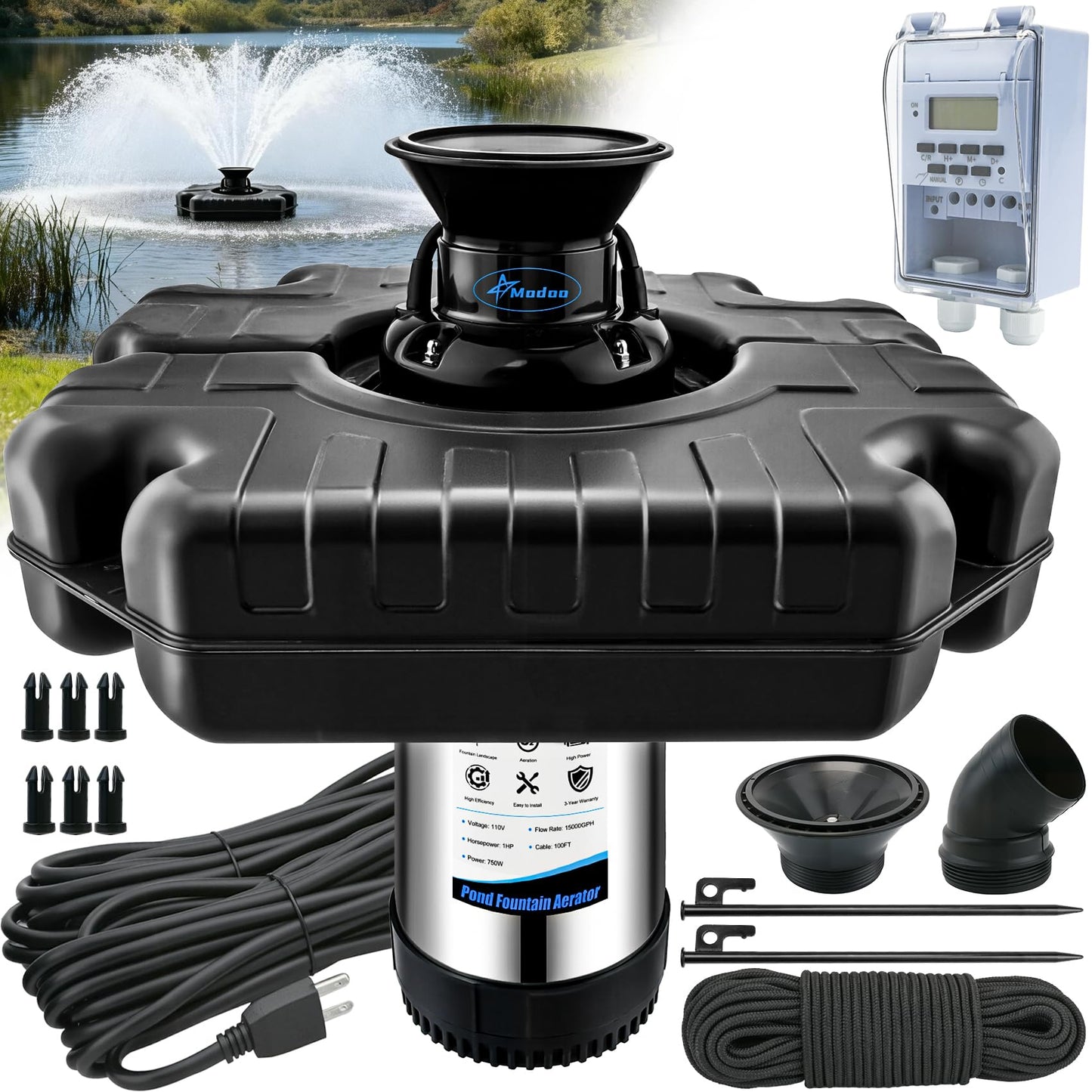 Pond Fountain Aerator, 1HP 750W Floating Fountain Aerator System for Outdoor Small Large Pond Lake, 110V 15000 GPH Fully Automatic Stainless Steel Fountain Pump with 100 Feet Power Cord