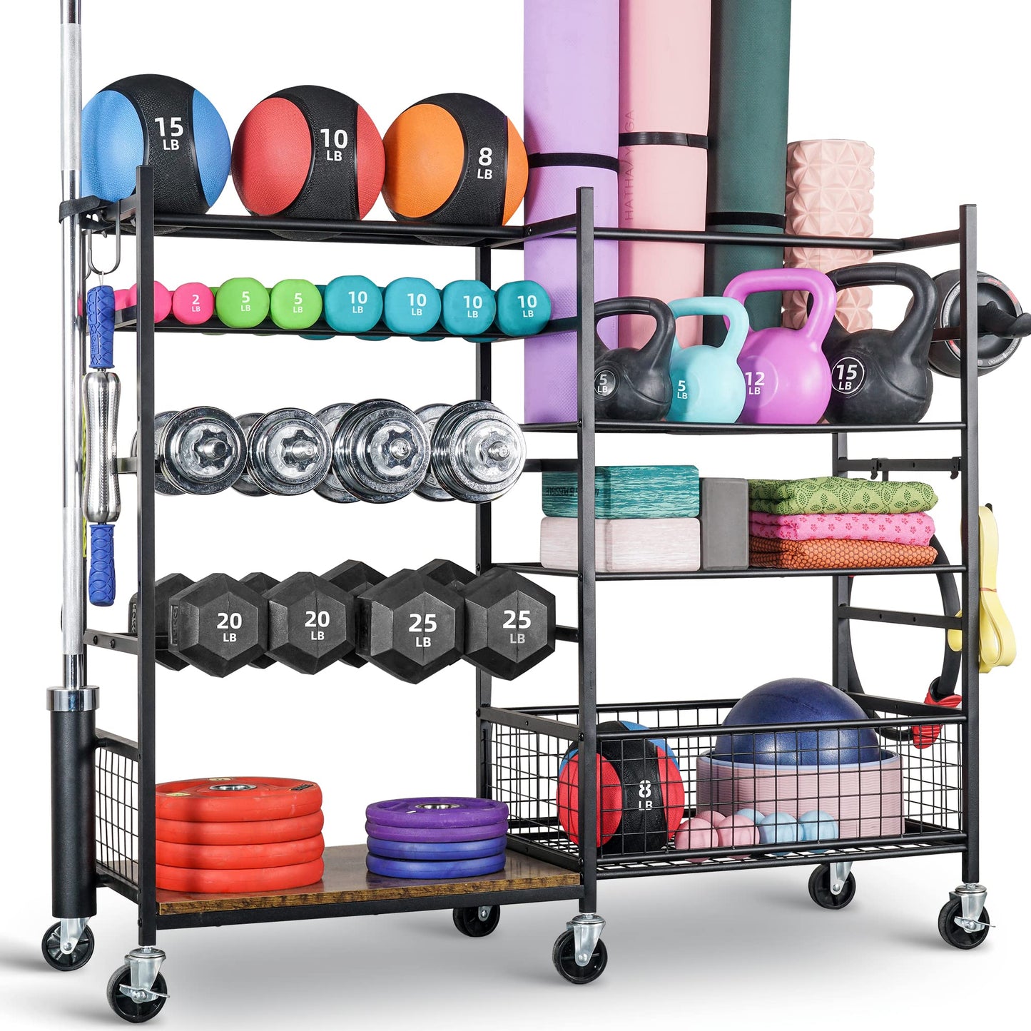 PLKOW Dumbbell Rack - Weight Stand with Barbell Holder, Storage Rack for Dumbbells, Yoga Mats, Medicine Balls, Barbell Storage, Home Gym Organizer with Wheels, Black