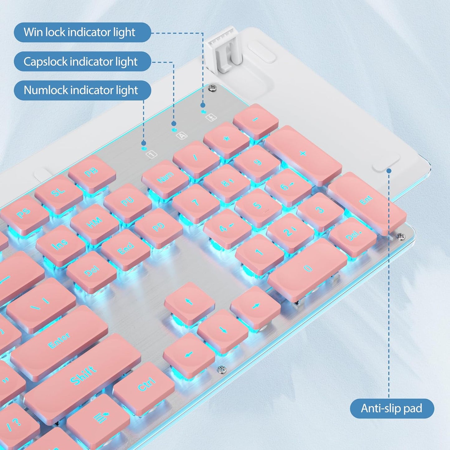 SbocKeeb 104-Key Retro Punk Keyboard - Full Size Typewriter Pink Keyboard with Square Keycap and LED Blue Backlight