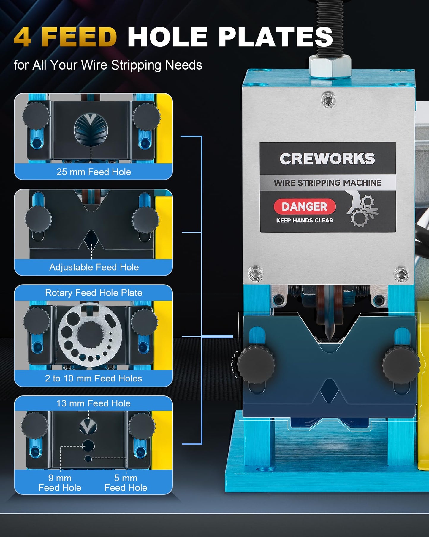 CREWORKS 180W Electric Wire Stripper Machine, 0.06"-1" Automatic Wire Stripping Machine, Wire Stripping Tool for 1.5-25 mm Scrap Wire, 5 Channel Copper Wire Stripper Tool for Leftover Cable Recycling