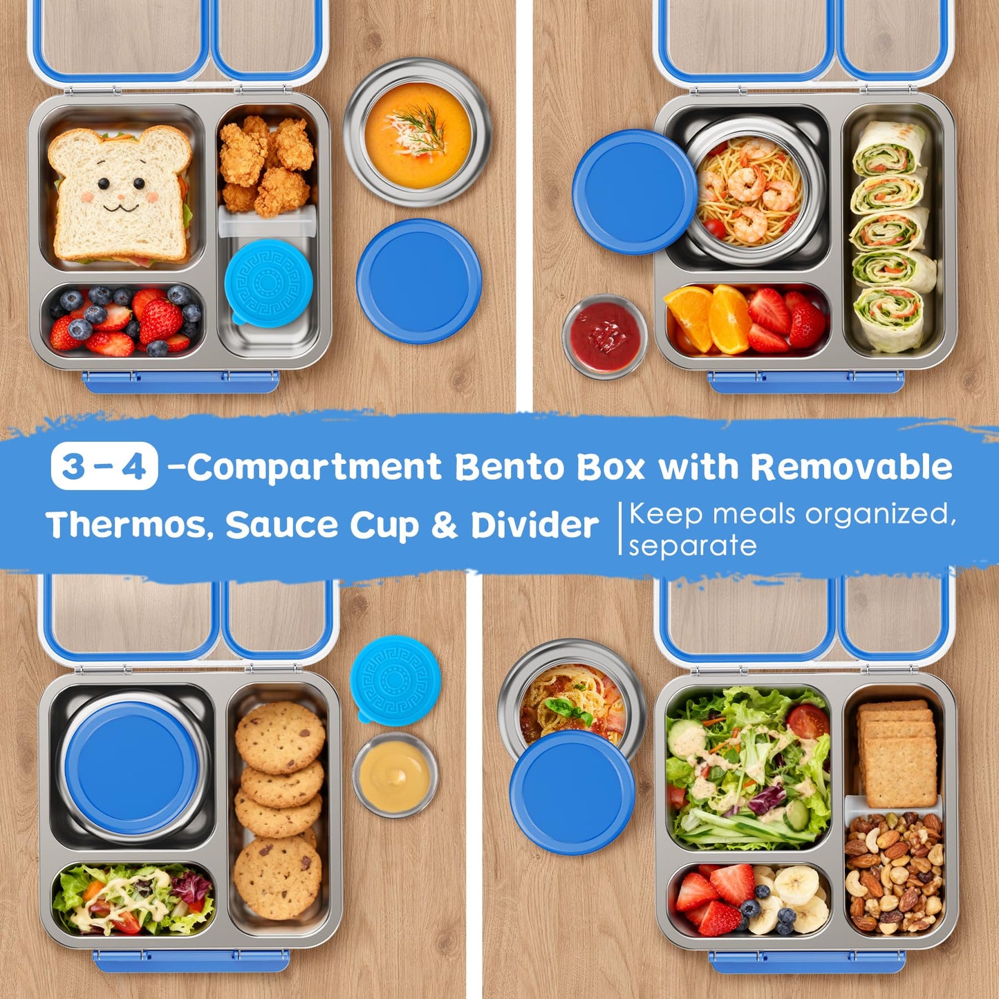 Pawtong Stainless Steel Bento Box Kids Adult with 7oz Insulated Food Jar, Transparent Lid Metal Lunch Box With Soup Thermal Jar, Lunch Box Container with Removable Divider & Sauce Cup School (Blue)