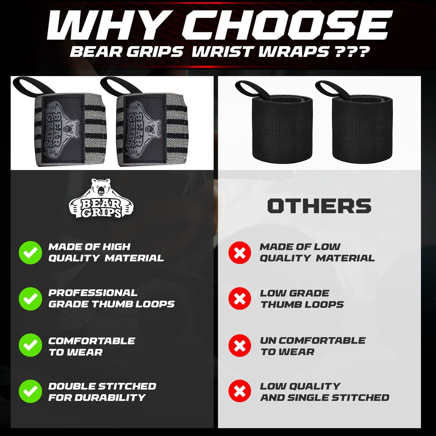 Bear Grips Extra Strength Gym Wrist Wraps for Weightlifting | 2 Wrist Wraps Per Pack | 12" & 18" | Unisex