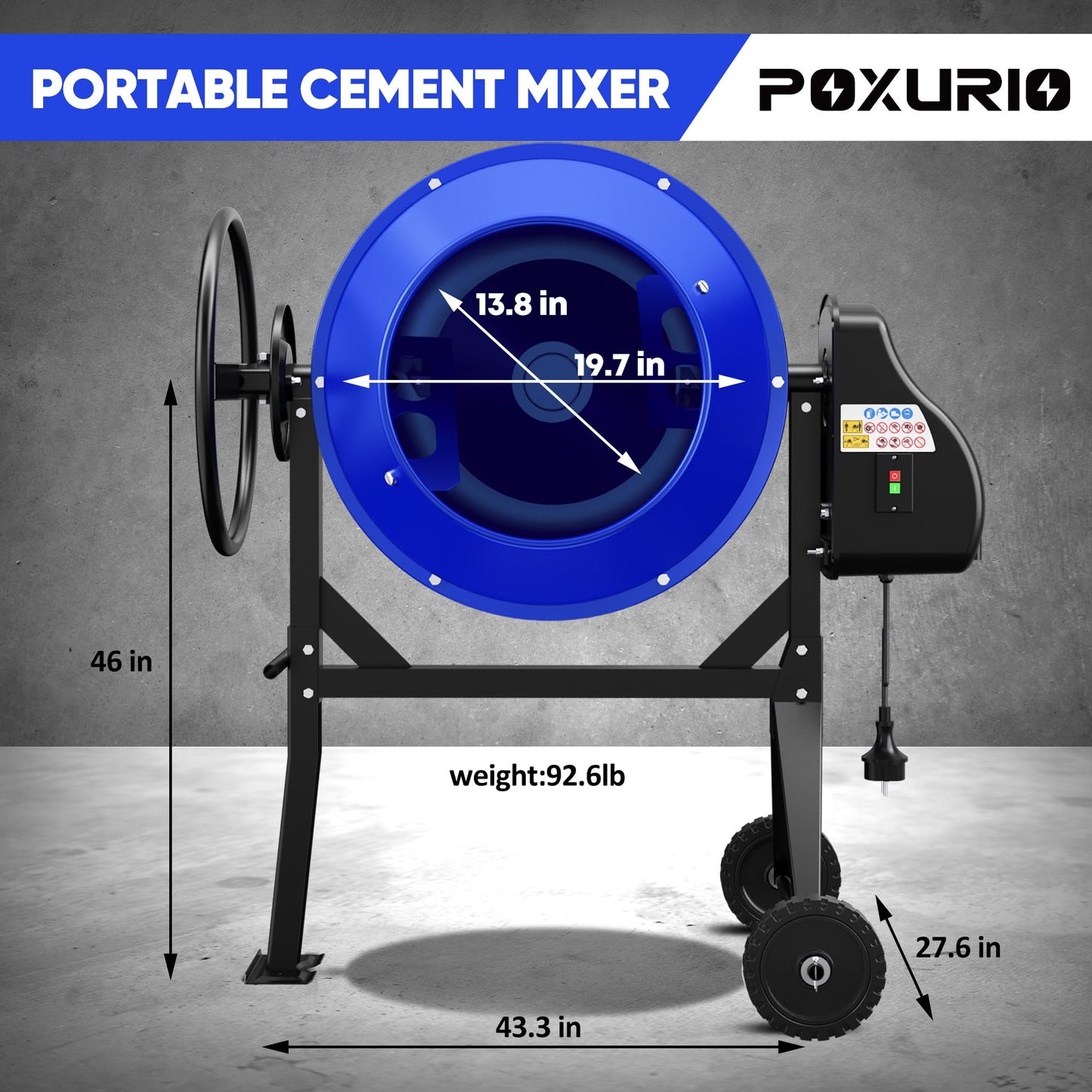 POXURIO 120L Electric Cement Mixer, 4.3 Cubic Ft. 450W 3/5HP Portable Concrete Mixer Machine with Stand And Wheels for Stucco, Mortar, Seeds, Blue-2026 Upgraded