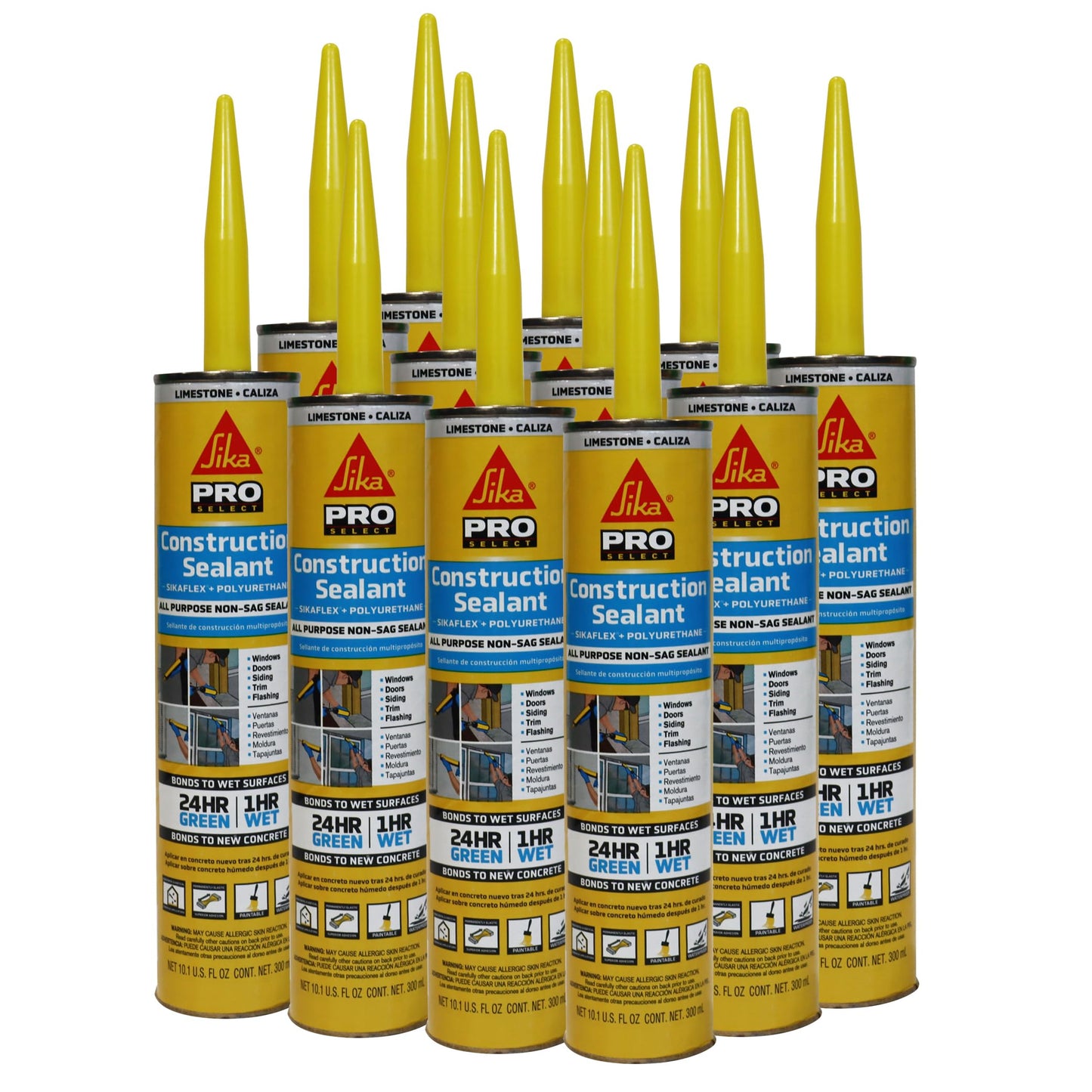 SIKA Sikaflex Construction Sealant, 12-Pack, 10.1 fl oz, Limestone – All-Purpose Polyurethane for Joints 1/2" or Smaller, Strong, Weatherproof, Paintable, Ideal for Masonry, Wood, Metal & Concrete