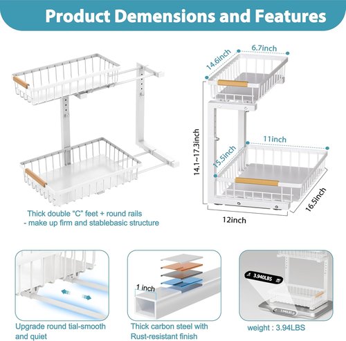 Liuoud Under Sink Organizer - 2 Pack Adjustable 2-Tier Storage Solution for Kitchen & Bathroom - White