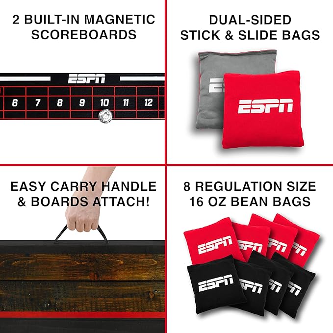 ESPN Cornhole Board Set Includes Bean Bags and Travel Case, Ideal for Kids Games, Family Games, and Outdoor Games