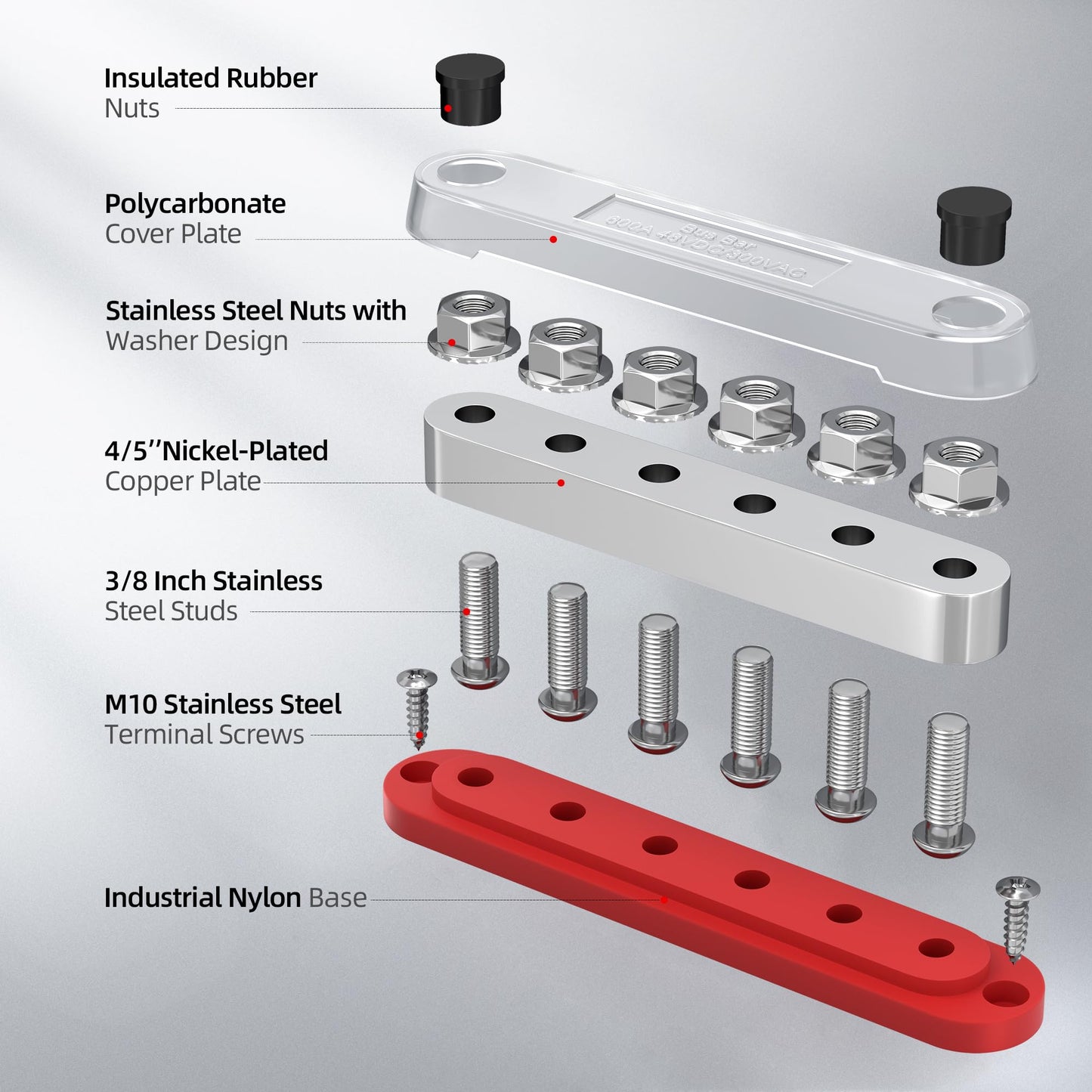 RVMARINEPAT 600A 12V 24V 48V Bus Bar with 6 x 3/8" (M10) Studs, Industrial Power Distribution Block & Battery Terminal Kit with 12 Lugs for Off-Grid Solar, Battery Bank, EV (Pair)
