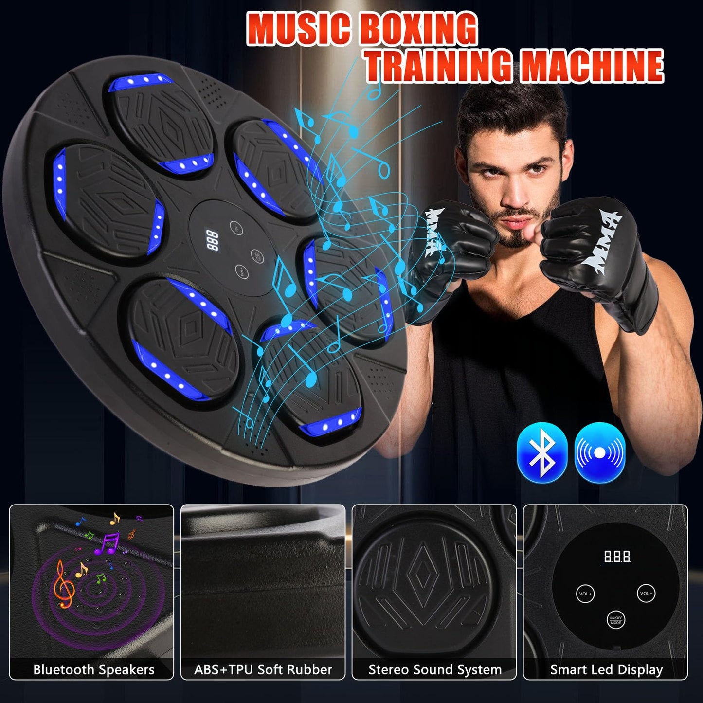 Stomonster Music Boxing Machine, Smart Bluetooth Boxing Equipmen with Gloves, Boxing Machine Wall Mounted Music for Kids Adult, Boxing Target Workout Equipment for Home, Office, Gym (Black)