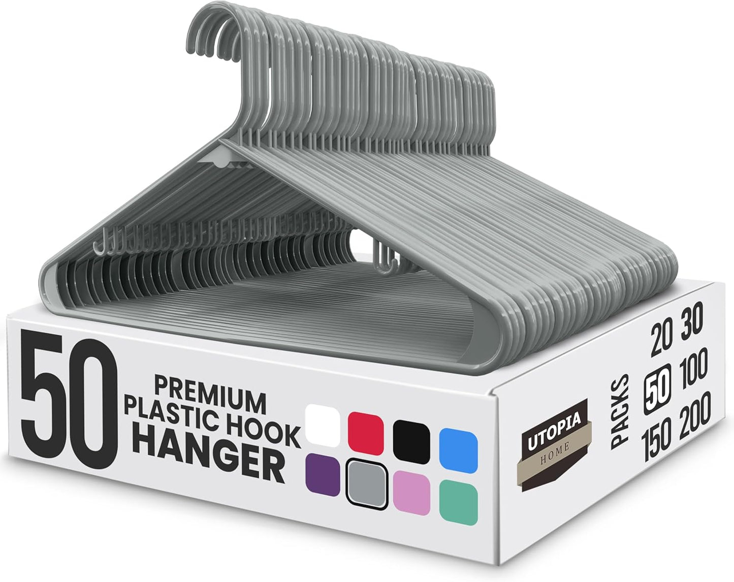 Utopia Home Plastic Hangers 50 Pack - Durable Space-Saving Closet Organizers - Ideal for Shirts, Pants, Skirts & Coats (Grey)