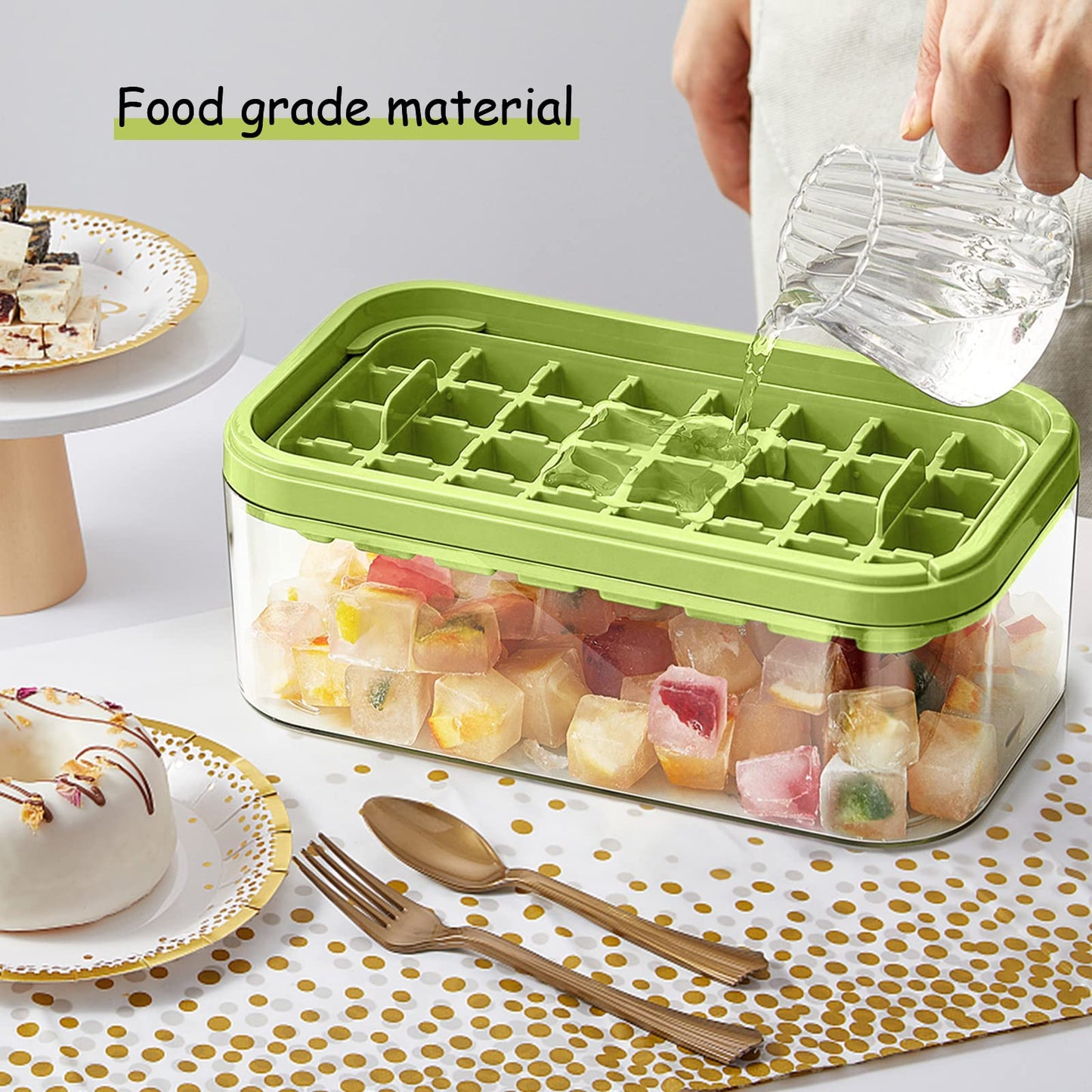 Ice Cube Tray with Lid and Bin, 2 Pack Ice Cube Trays for Freezer, 64 Pcs Ice Cube Mold, Press Button Easy Release Ice Tray, Small Ice Cubes Maker for Drinks(Green)