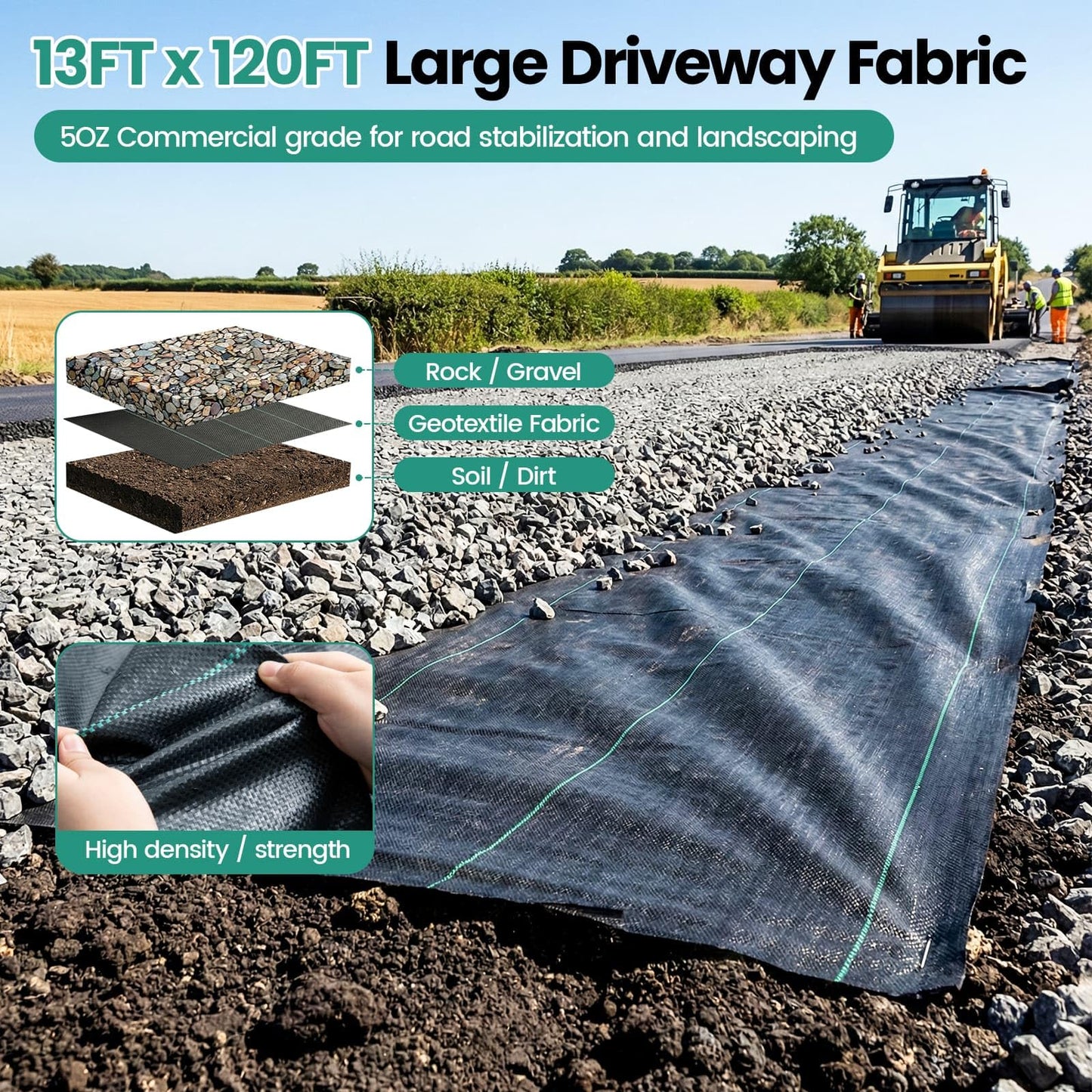 Driveway Fabric 13x120FT, 5OZ Commercial Weed Barrier Fabric Heavy Duty Landscape Fabric, Weed Blocker Fabric, Weed Fabric for Garden Weed Barrier, Erosion Control, Road Construction Project