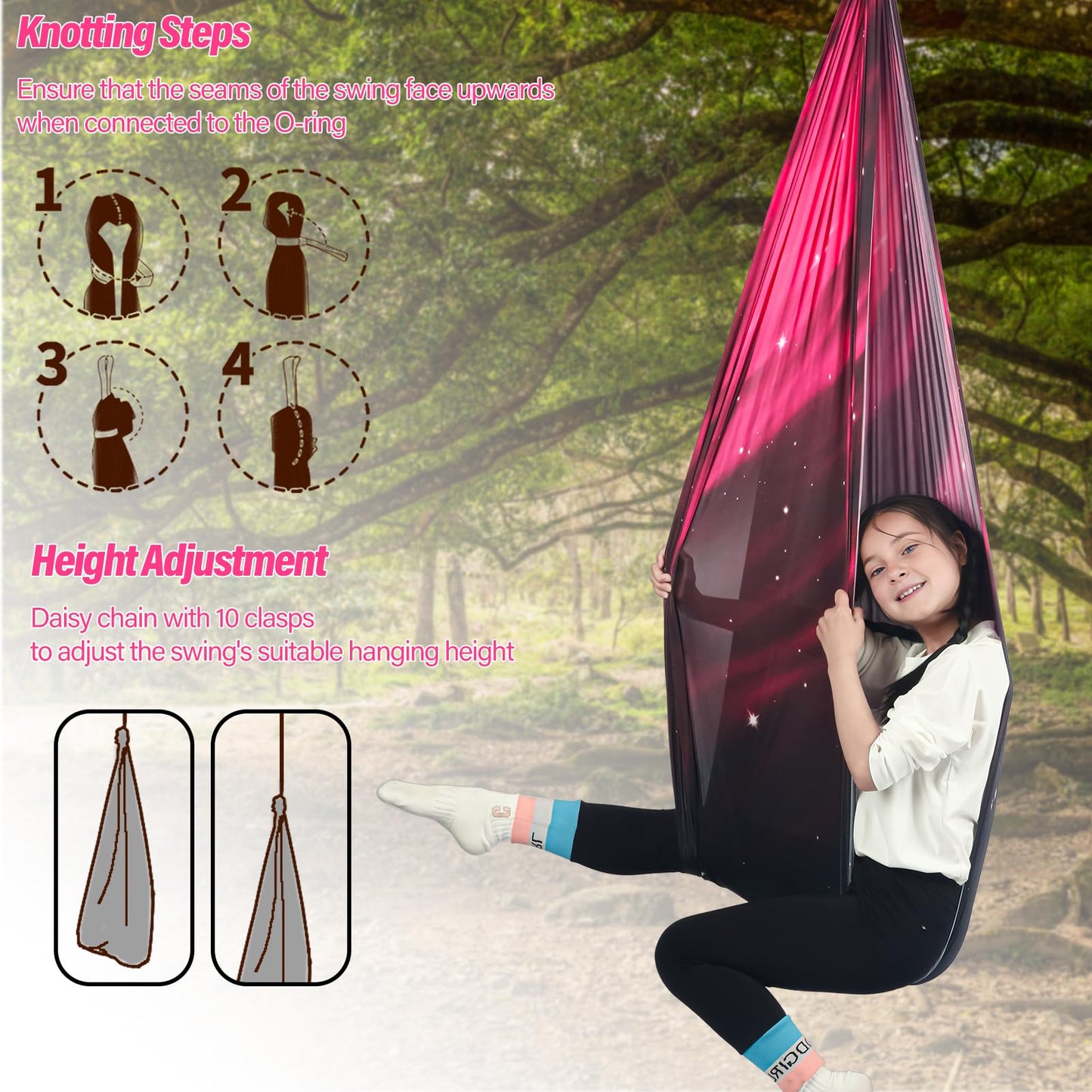 HiChrote Sensory Swing for Kids Holds up to 300lbs Indoor & Outdoor Therapy Cuddle Swing with Hammock Hooks Hanger Kit for Calming, Effect for Autism, ADHD or SPD. (Space Pink)