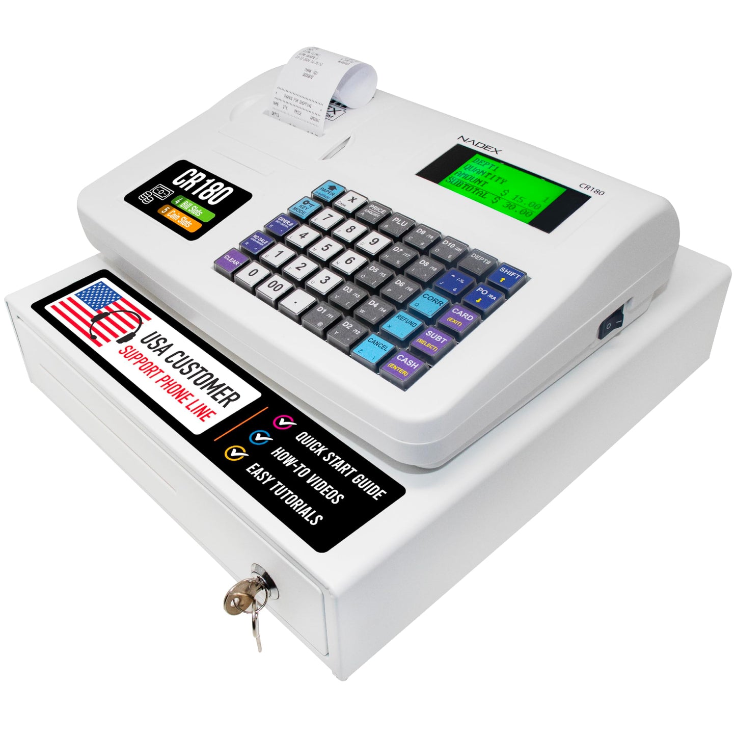 Nadex CR180 Electronic Cash Register, Steel Cash Drawer, Compact Design, White