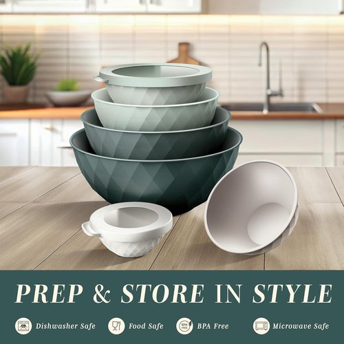 COOK WITH COLOR Mixing Bowls - 12-Piece Plastic Nesting Set with Lids, Microwave Safe, Green Diamond