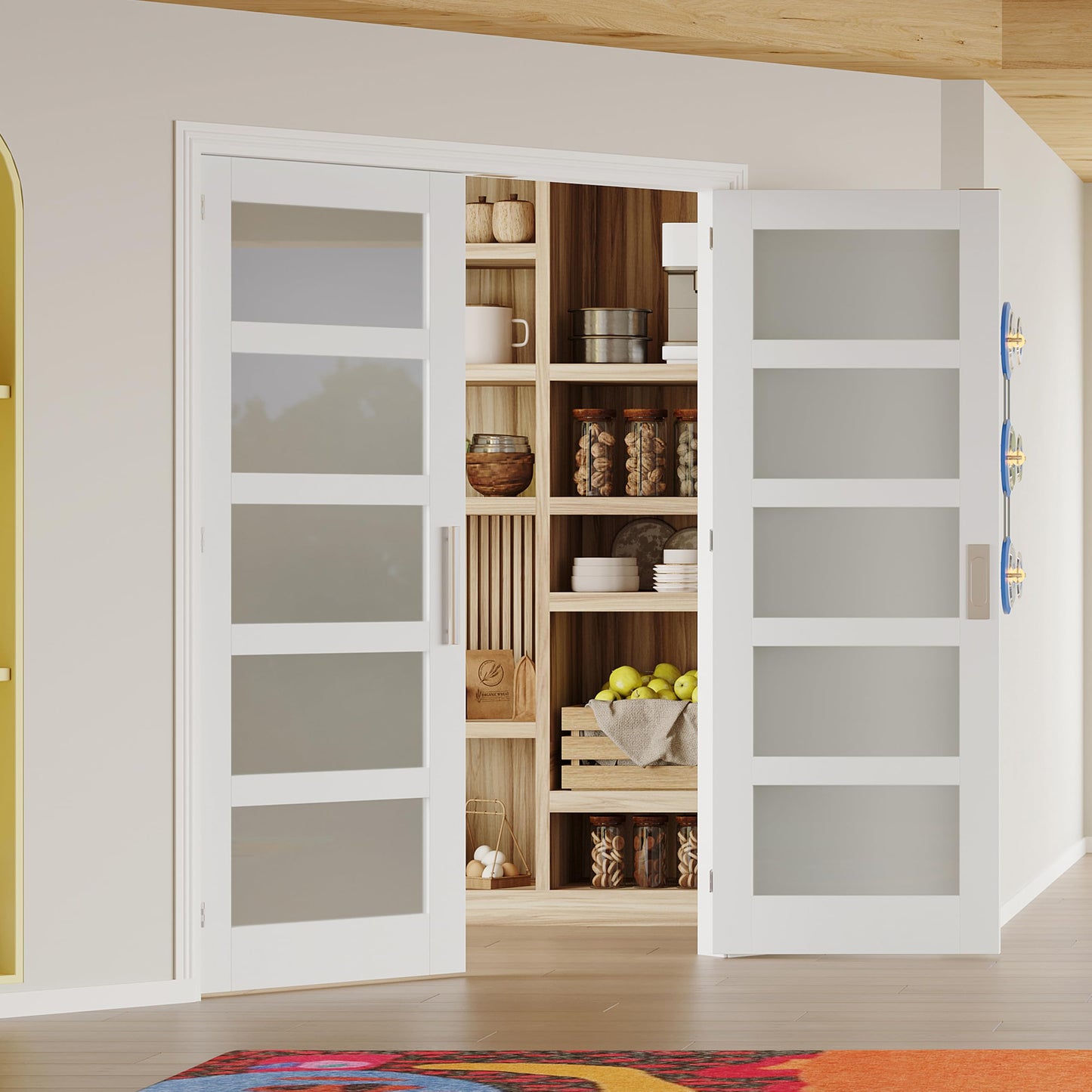Lakenyon French Doors, 60" x 80", 5-Lite Frosted Tempered Glass French Doors Interior, Solid MDF Core French Door, T-Shape Handles, Flush Bolts, Top Bead Guide, Paintable Surface, White