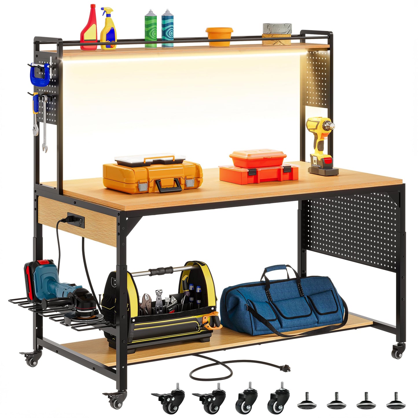 DWVO 59"x31" Adjustable Height Workbench with Pegboard and Storage Shelf, Heavy Duty Work Bench with Wheels, Load 1100lb, Work Table with AC/USB Outlet, LED Light, Hooks, for Garage, Workshop, Home
