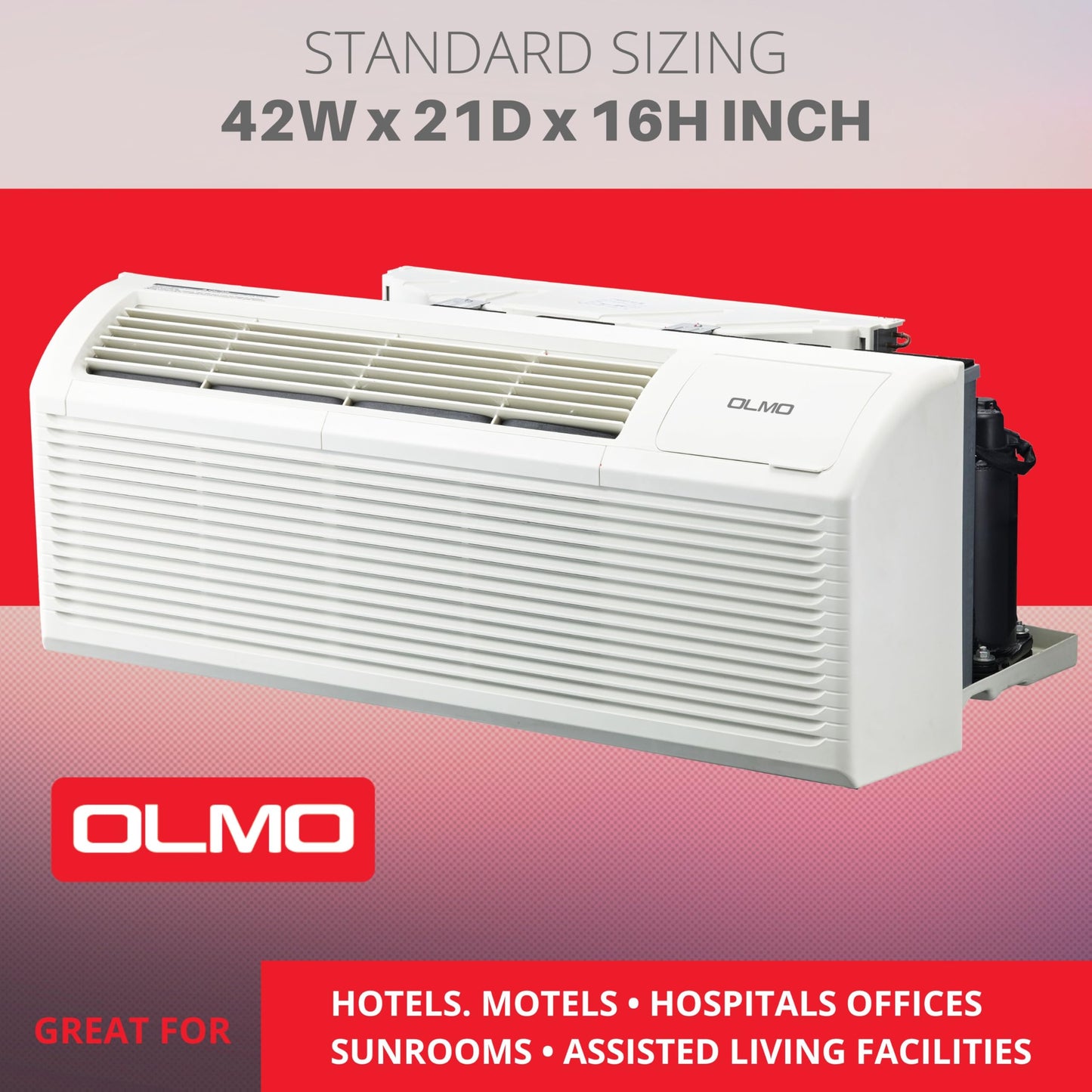 OLMO 15,000 BTU PTAC Heating and Cooling Packaged Terminal Air Conditioner with Heat Strip (R32 Refrigerant) and 5 kW Electric Heater Including Wireless Smart Kit, Remote Controller, and a Power Cord