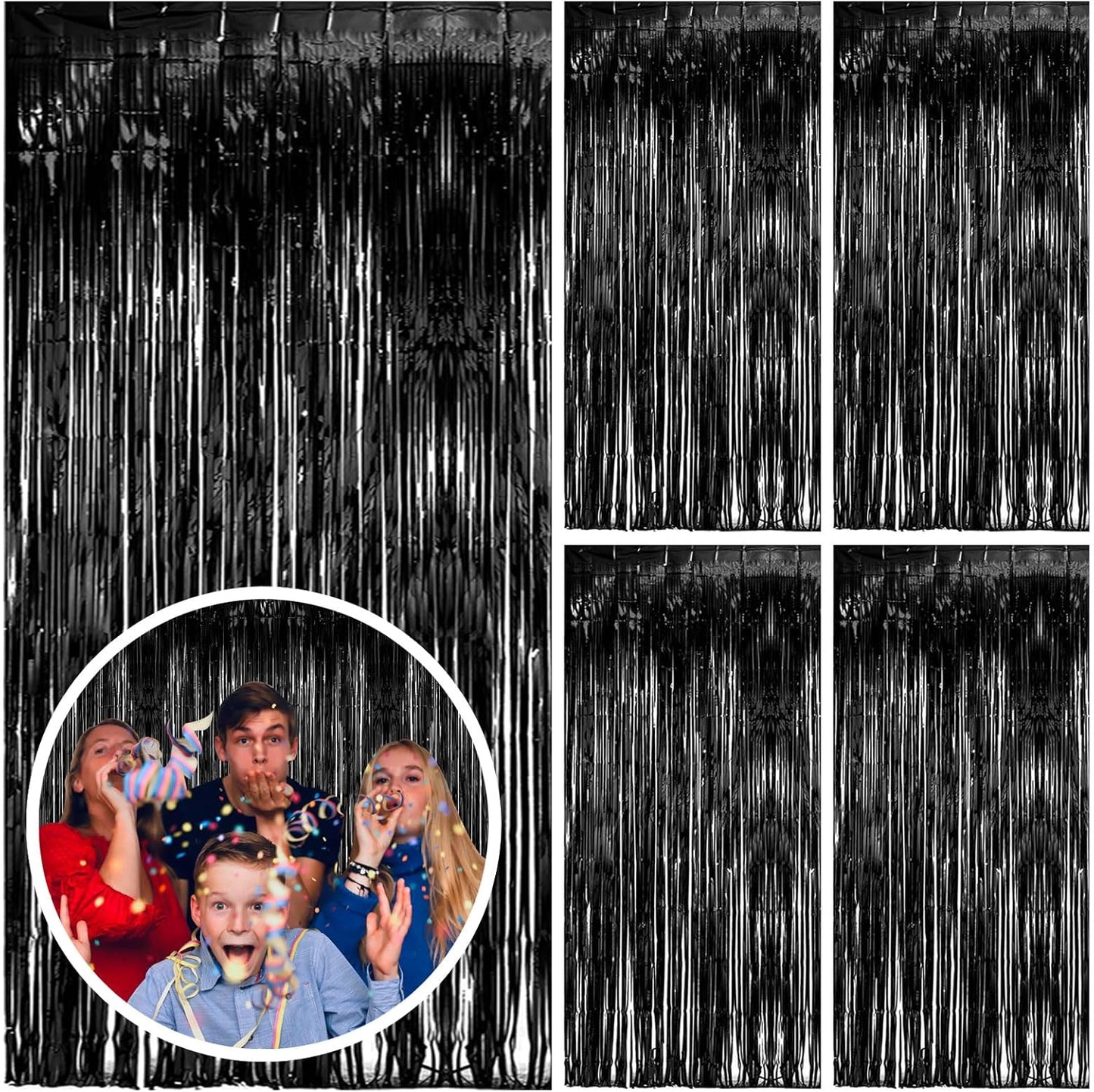 Skiennix 5 Pack Black Party Streamers - Tinsel Foil Fringe Curtains for Halloween & Birthday Decor