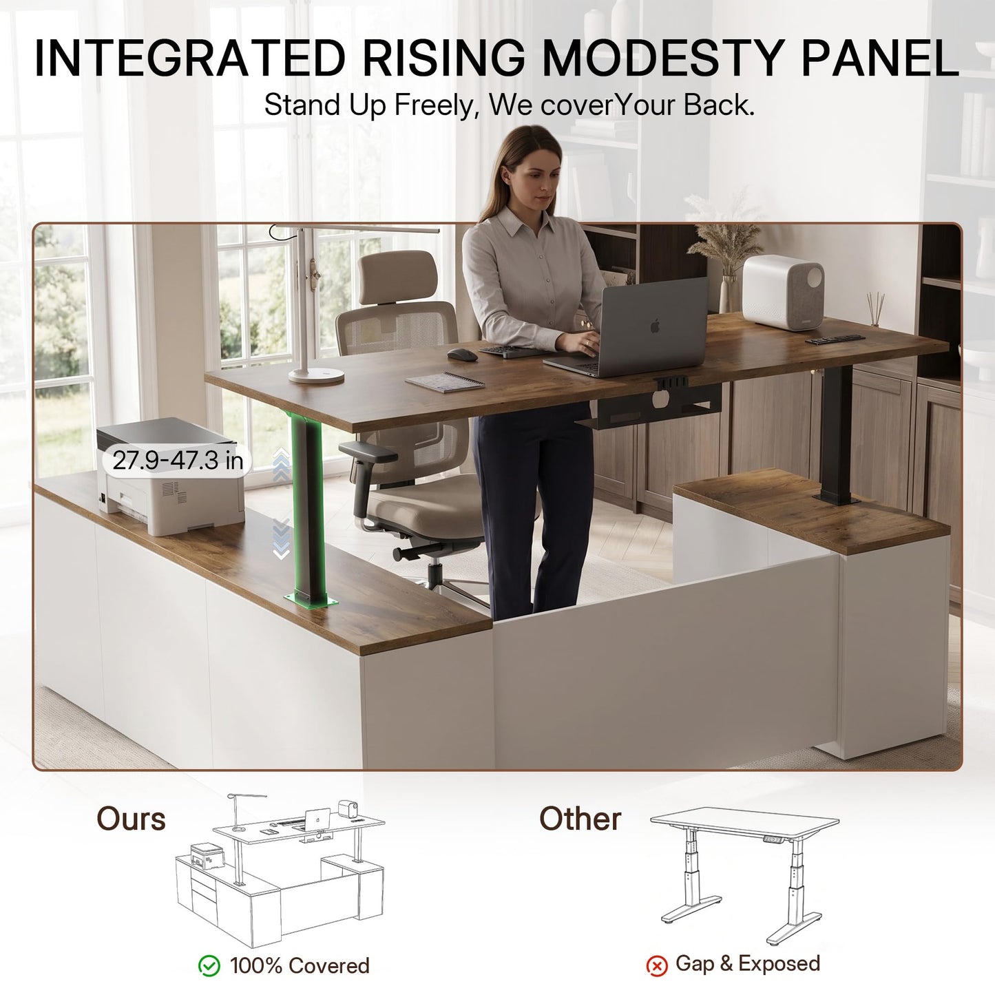 ZIMASYA 71" L Shaped Executive Desk with File Cabinet Drawers Outlet USB,Height Adjustable Office Desk Privacy Panel Sit-Stand Workstation for Boss Managers Home Farmhouse, Walnut & White