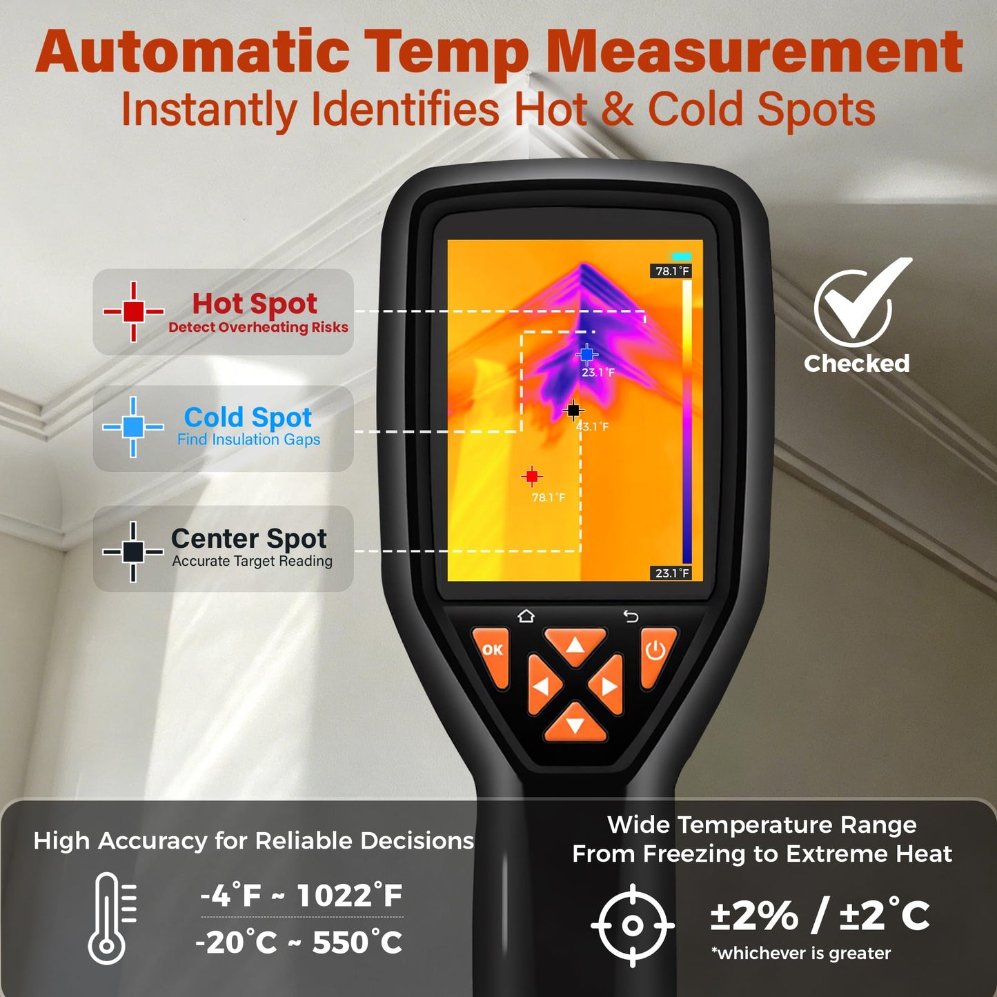 ANXTECH Handheld Thermal Imaging Camera 320×240 Super Resolution, 25HZ Refresh Rate, High/Low Temp Alarm, 8H Battery Life for Water Leak Detection, Hidden Moisture and Home Inspection